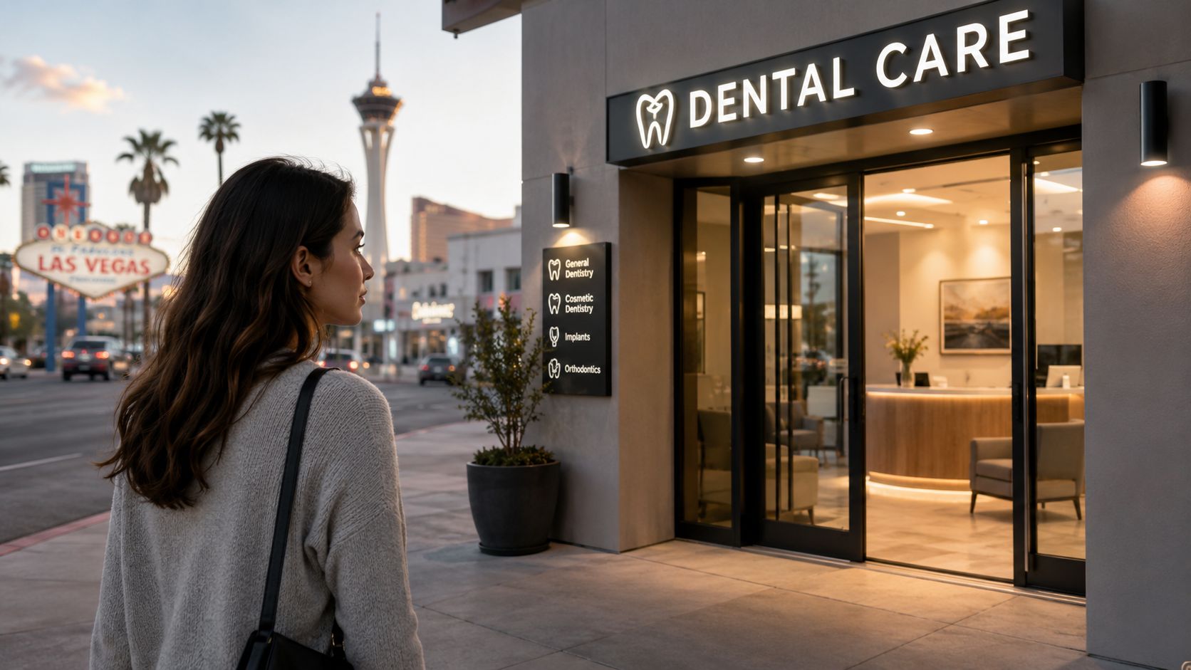 A woman standing outside a dental clinic in Las Vegas with the Stratosphere tower in the background.