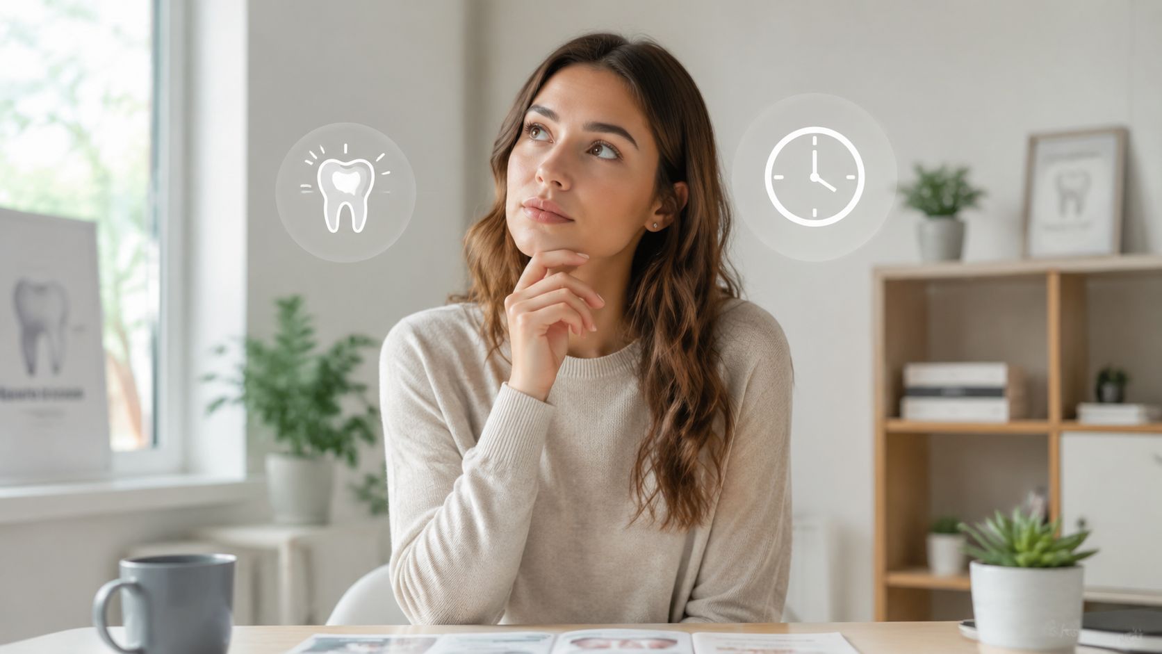 A woman contemplating dental care, represented by tooth and clock icons in a professional setting.