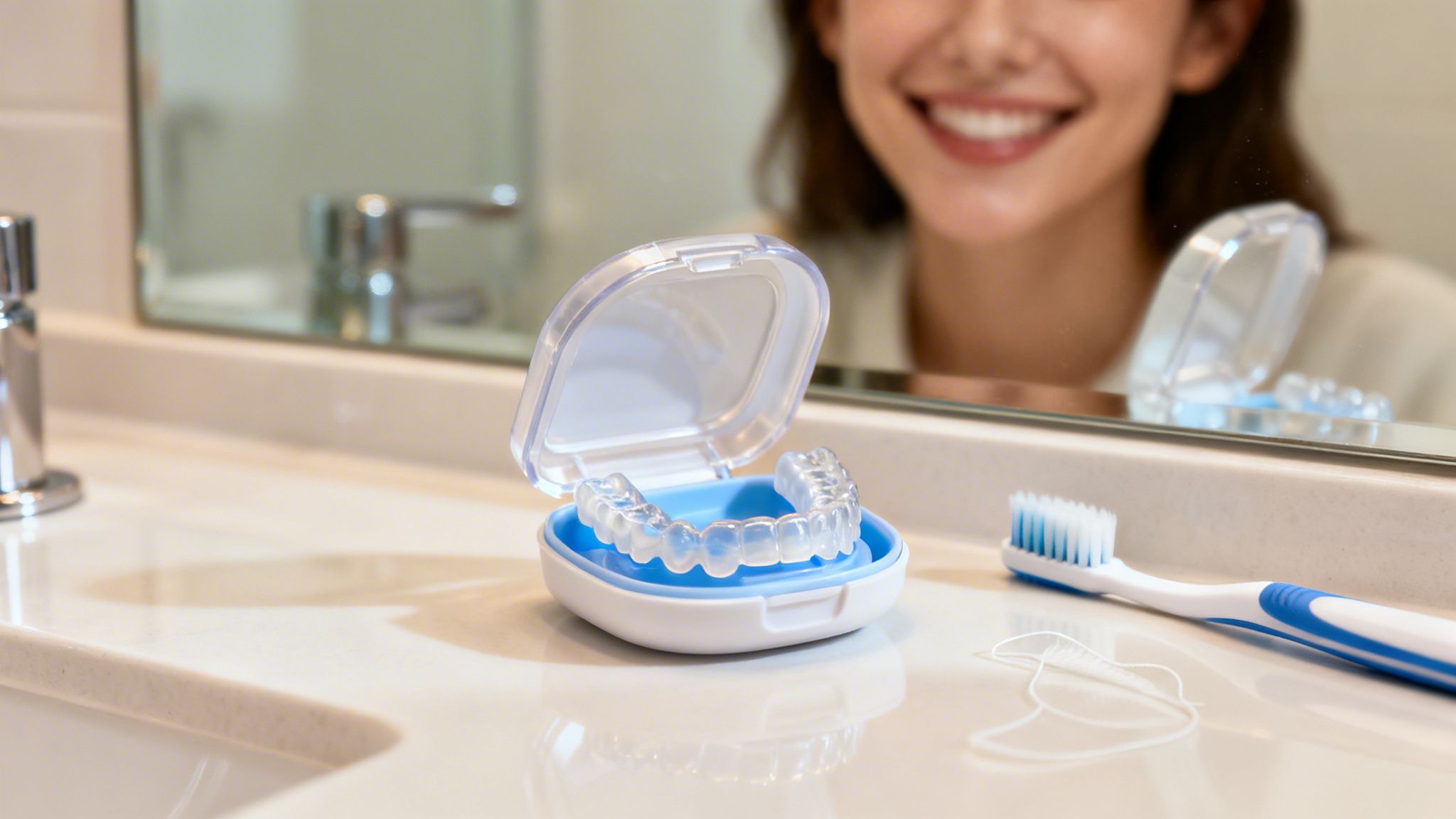 A clear aligner case with aligners, a toothbrush, and floss on a counter, with a smiling woman reflected in the mirror.