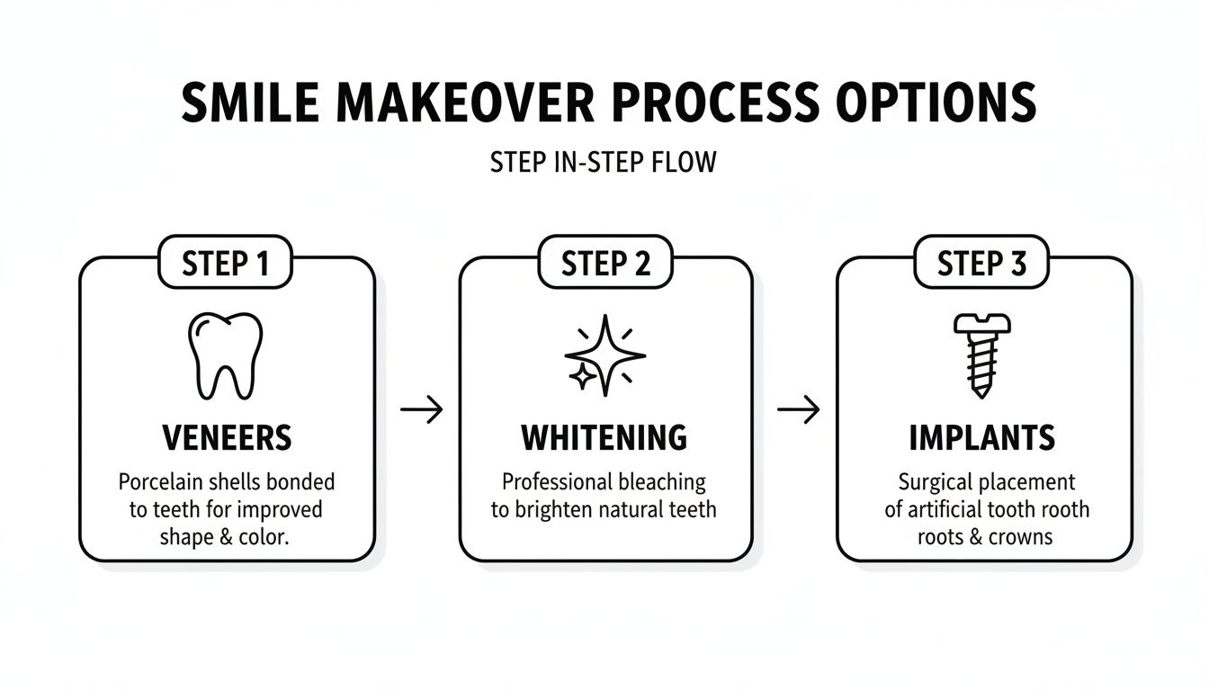 Three-step smile makeover process: veneers, whitening, and implants for improved dental aesthetics.