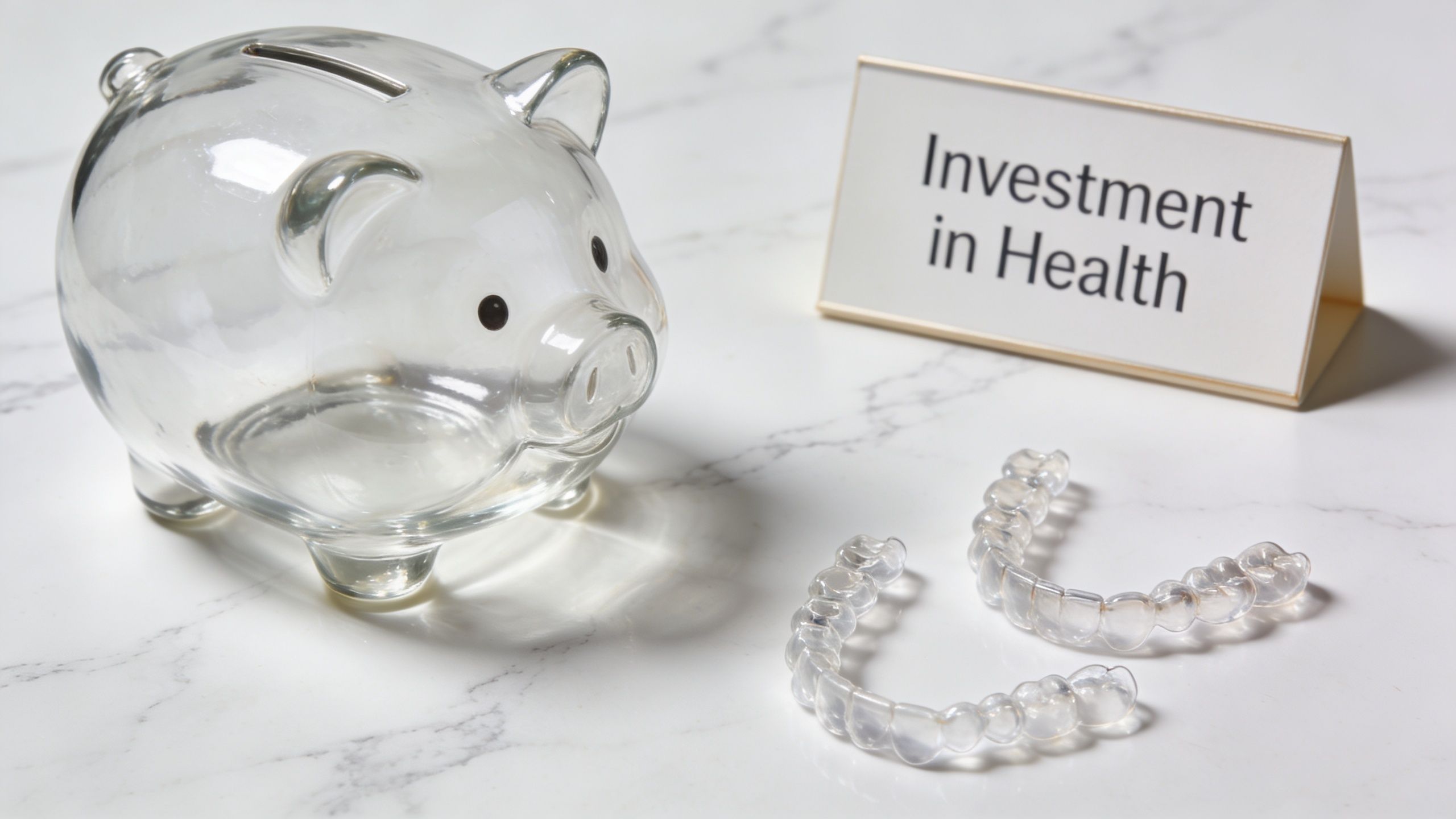 A clear piggy bank next to transparent teeth aligners and an Investment in Health sign.
