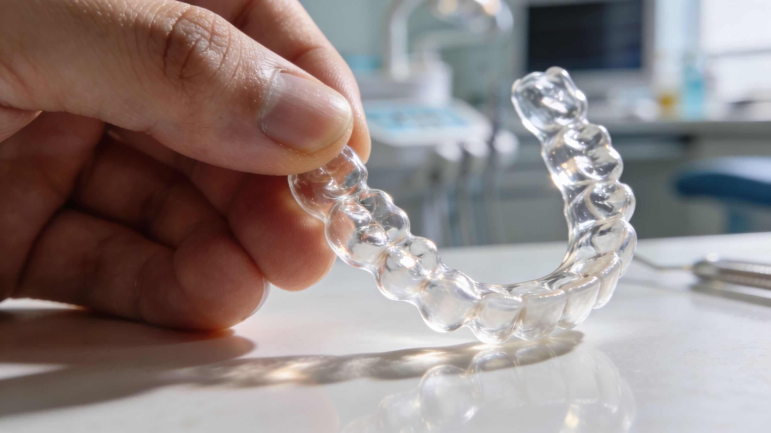 A close-up view of a person holding a clear plastic dental aligner in a professional clinical setting.