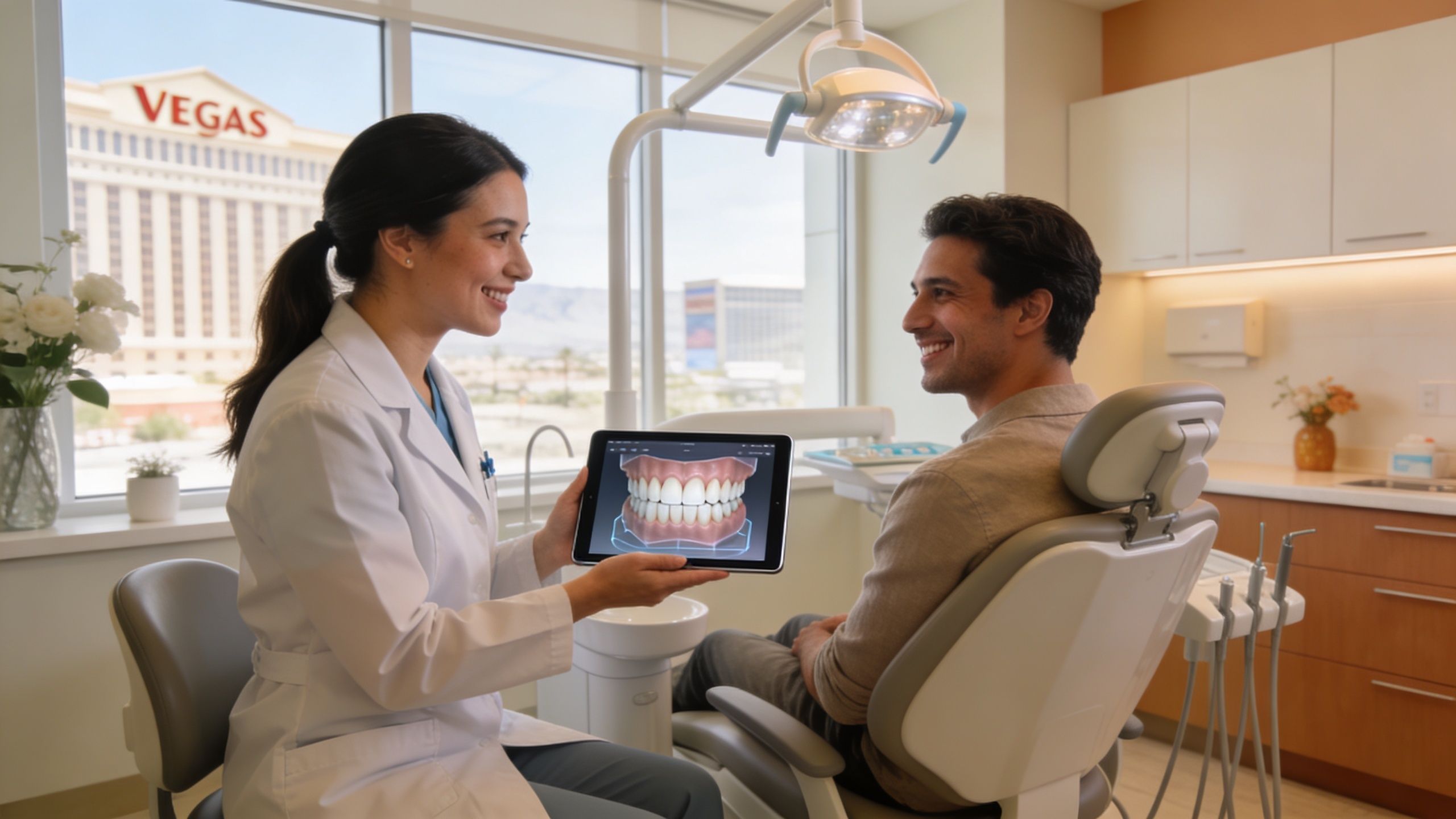A female dentist discussing dental aligner treatment with a male patient in a modern Las Vegas dental office.