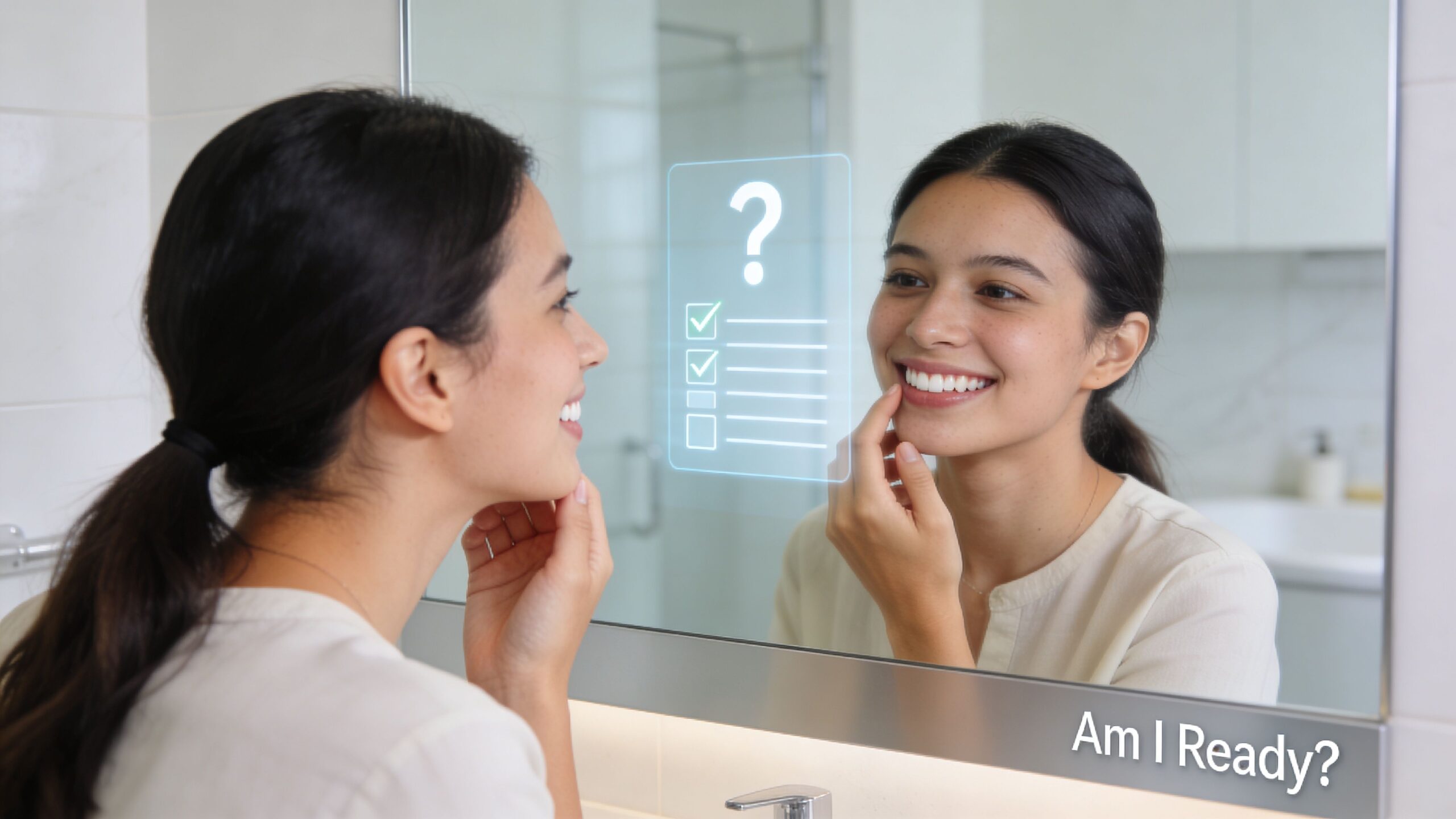 A smiling young woman looking at her teeth in a smart bathroom mirror with a checklist interface.