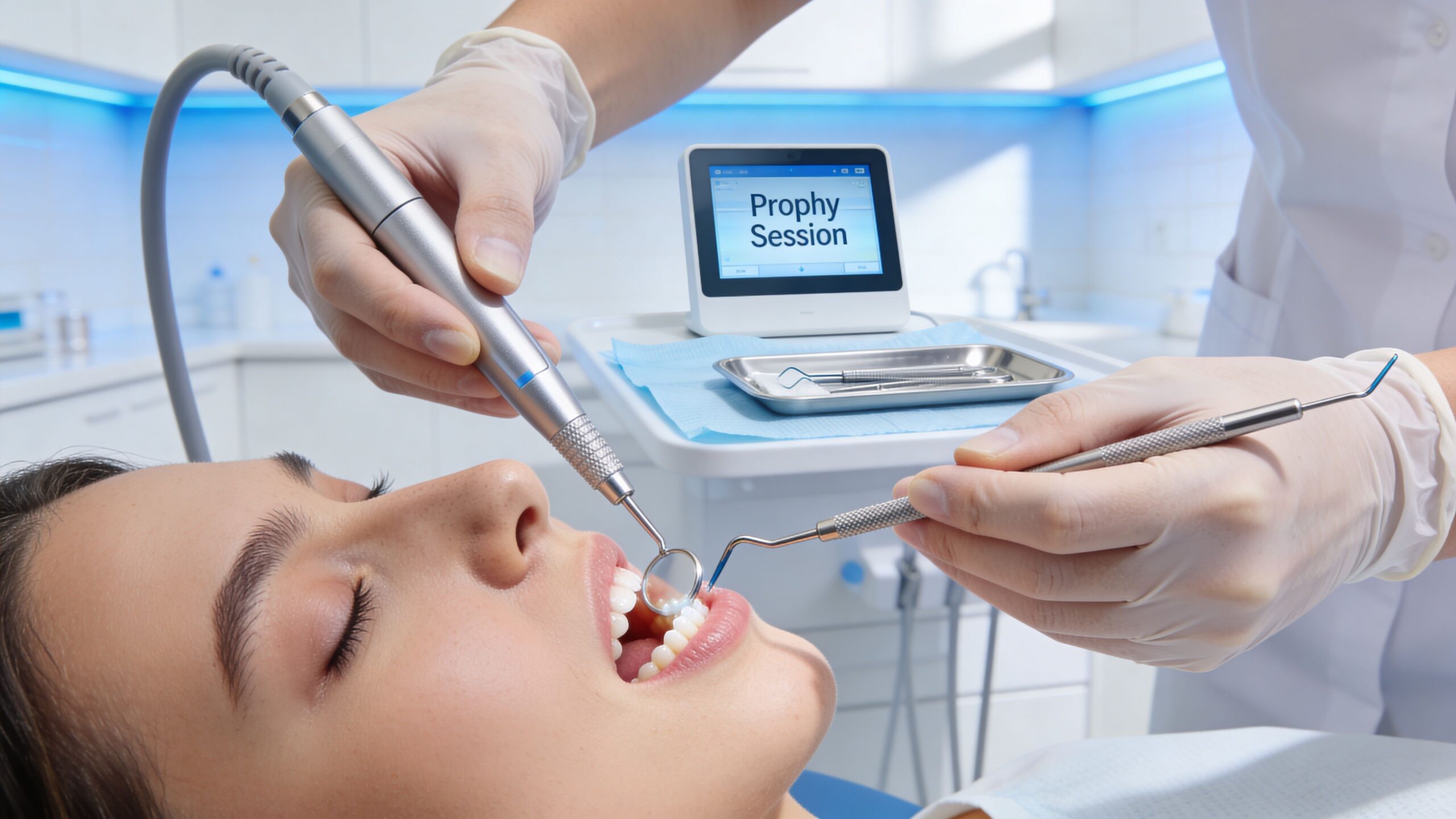 A dental hygienist performing a professional teeth cleaning procedure on a patient in a modern dental office.