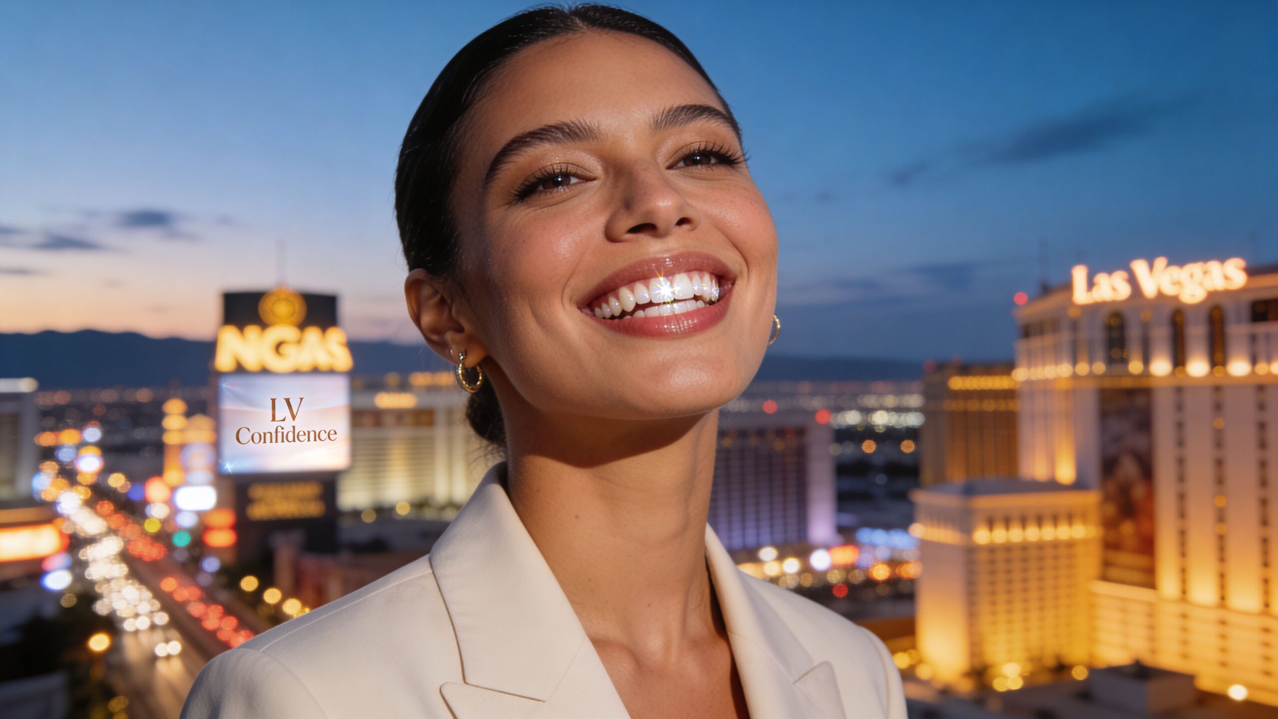A smiling woman with radiant white teeth poses in front of the illuminated Las Vegas city skyline.