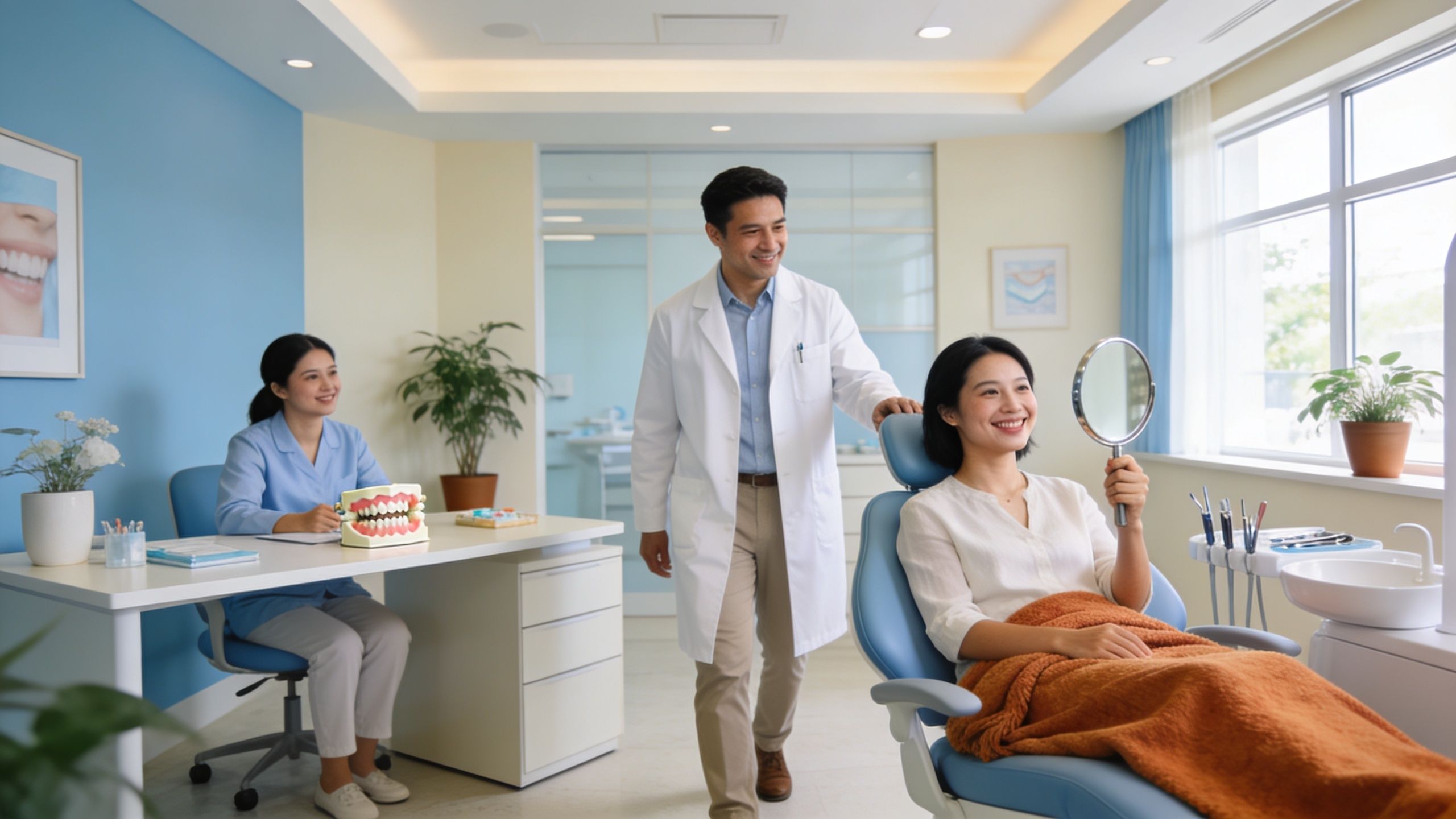 A friendly dentist shows a smiling patient her reflection in a hand mirror at a dental clinic.