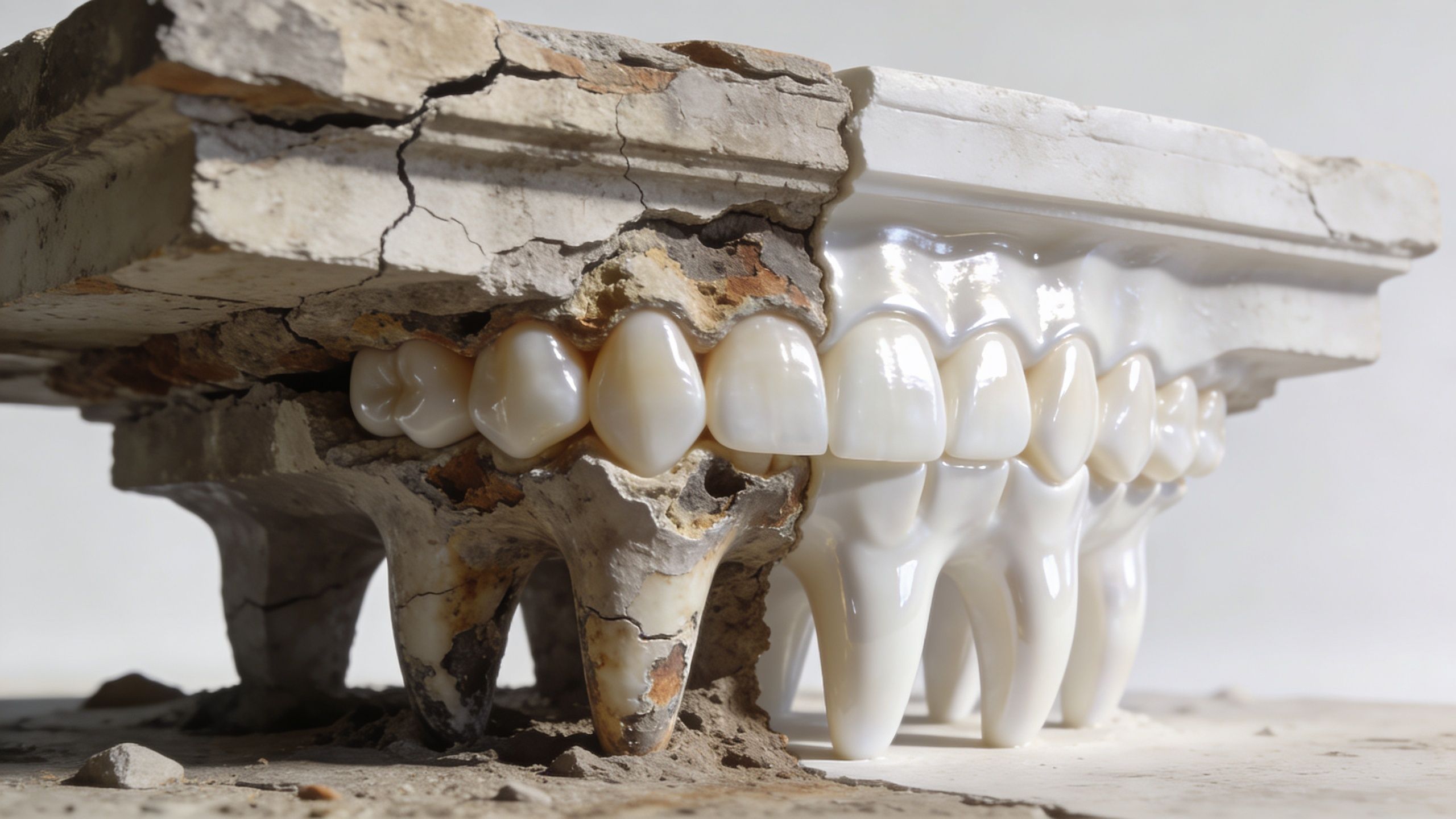 A conceptual model showing decaying natural teeth transitioning into clean artificial dental implants in a structure.