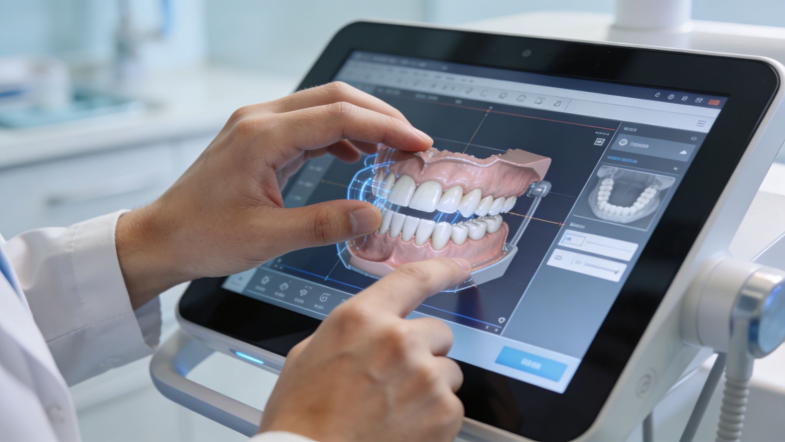 A dentist analyzing a 3D digital model of a patient's teeth on a touchscreen monitor.