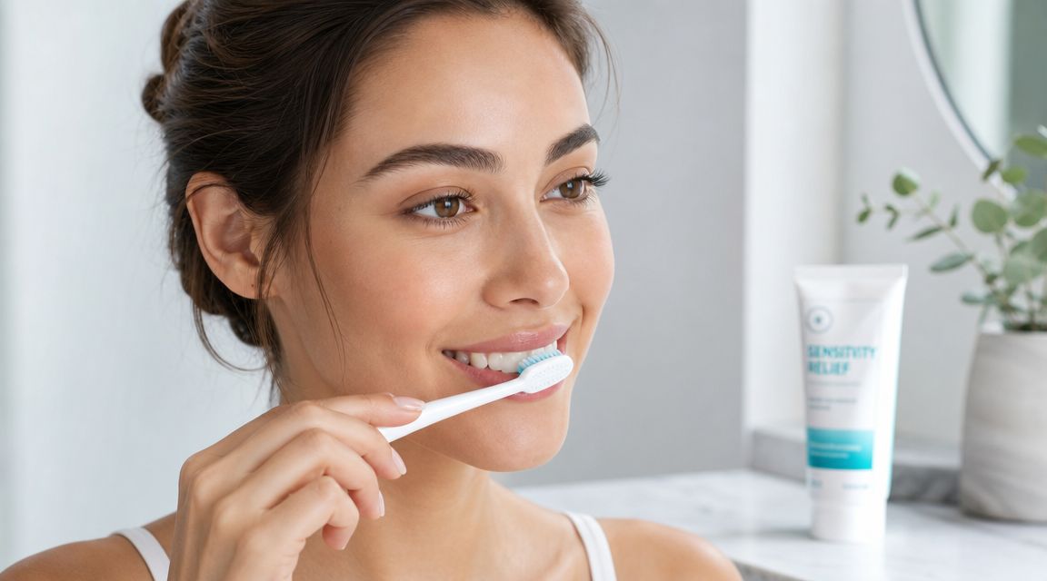 A smiling young woman brushing her teeth with a toothbrush, with a tube of sensitivity relief toothpaste nearby.