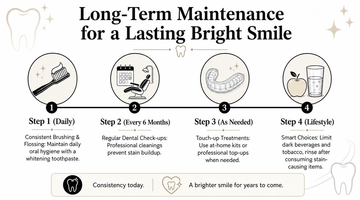 An infographic showing four steps for long-term maintenance of teeth whitening to keep a bright smile.