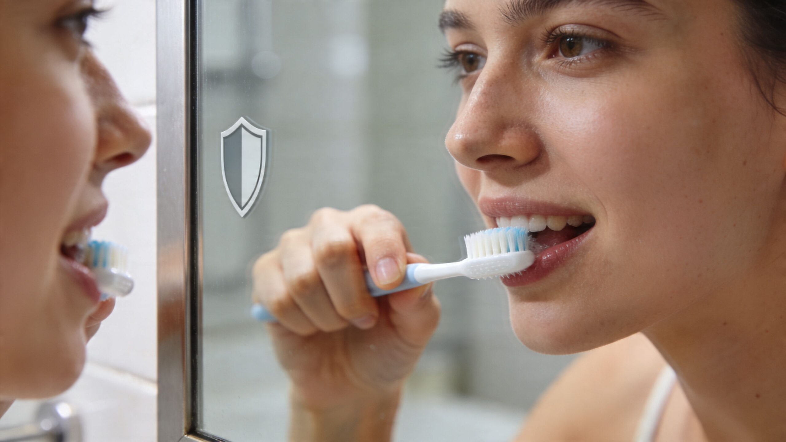 A young woman brushing her teeth while looking into a mirror in a bright bathroom.