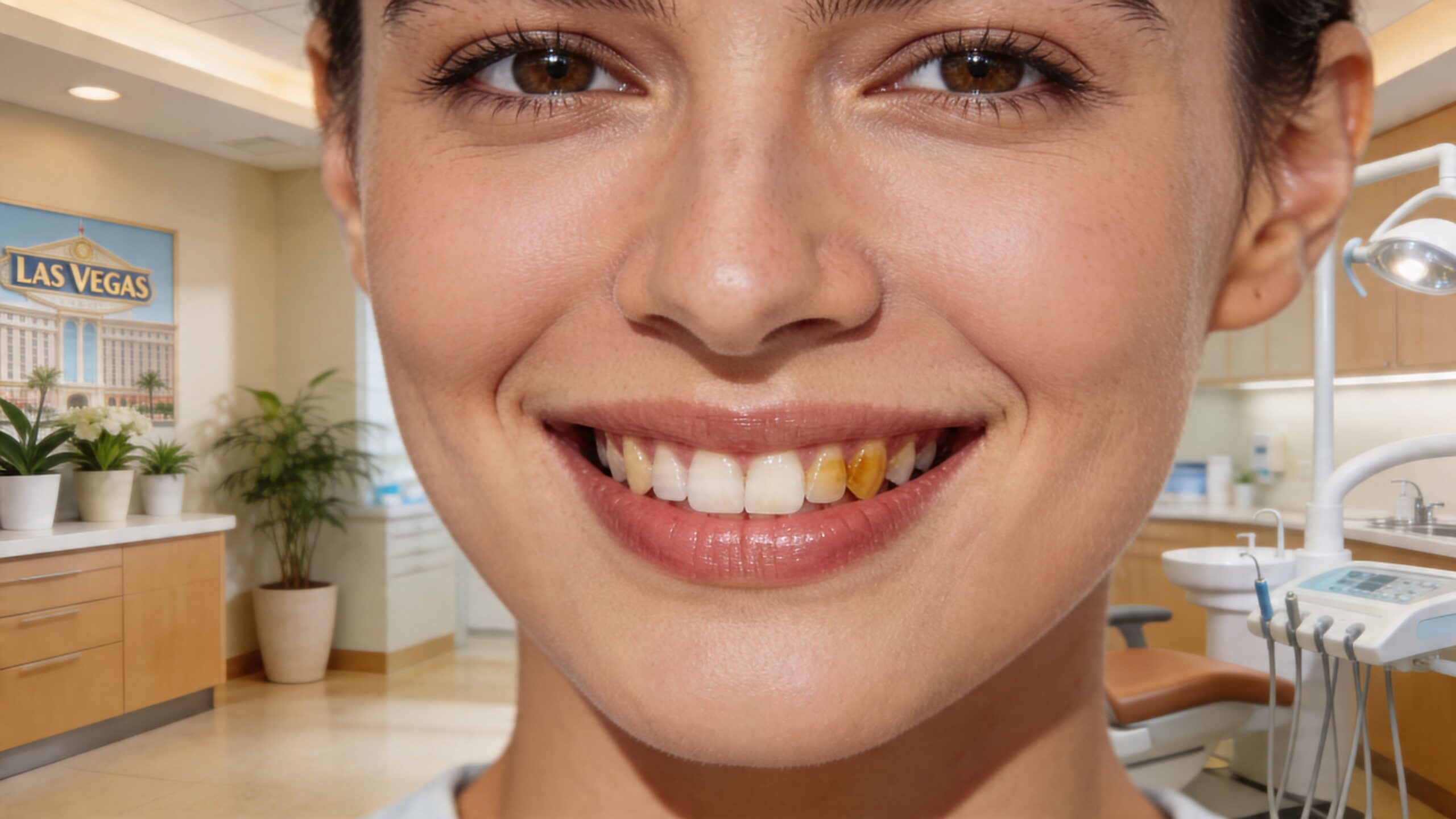 A smiling young woman displaying teeth with visible staining and discoloration in a dental office setting.
