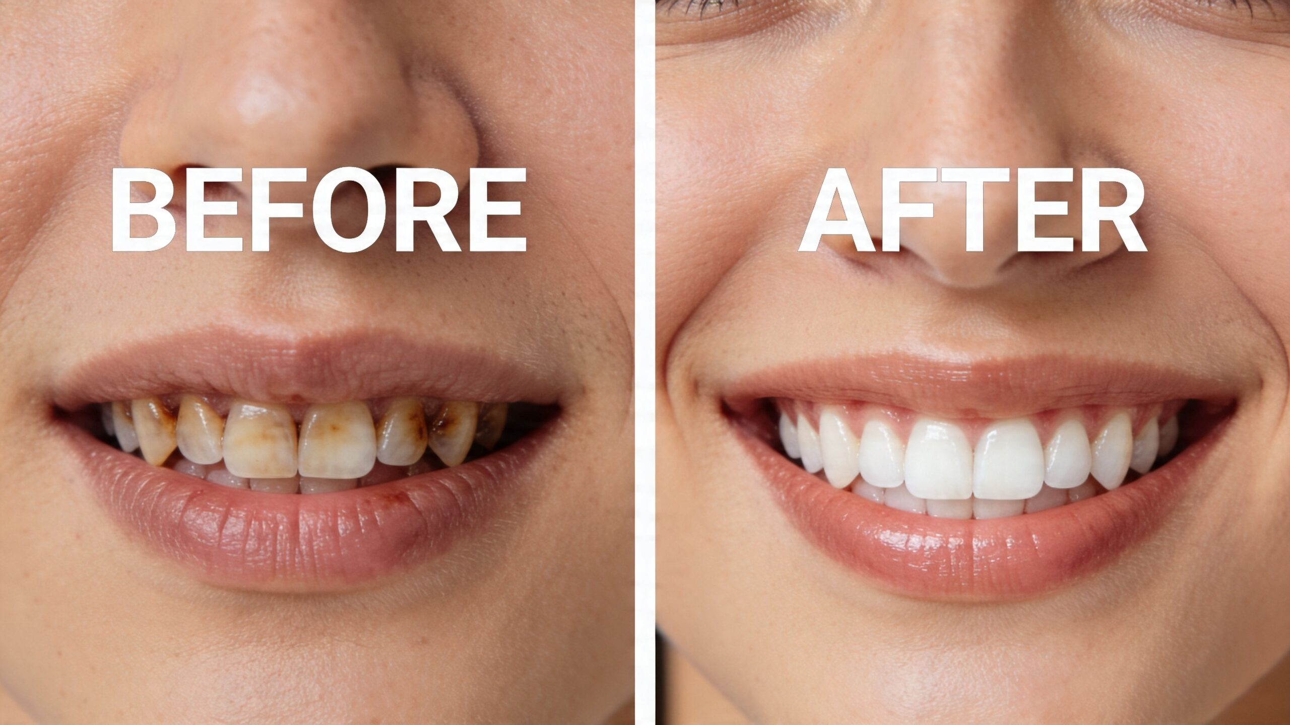 A split-screen comparison showing a person's teeth before and after a professional teeth whitening treatment.