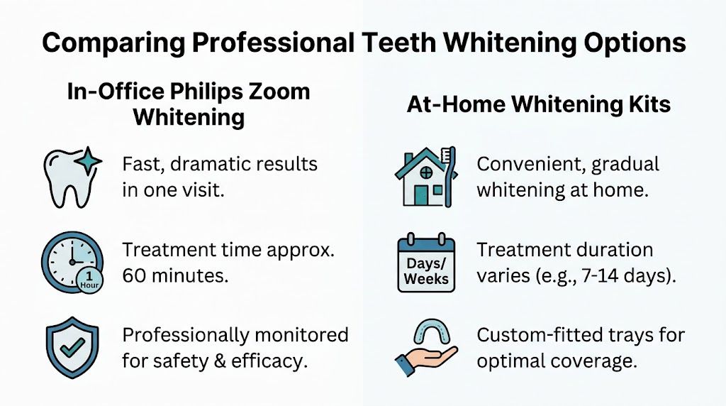 A comparison chart showing features of In-Office Philips Zoom Whitening versus At-Home Whitening Kits.