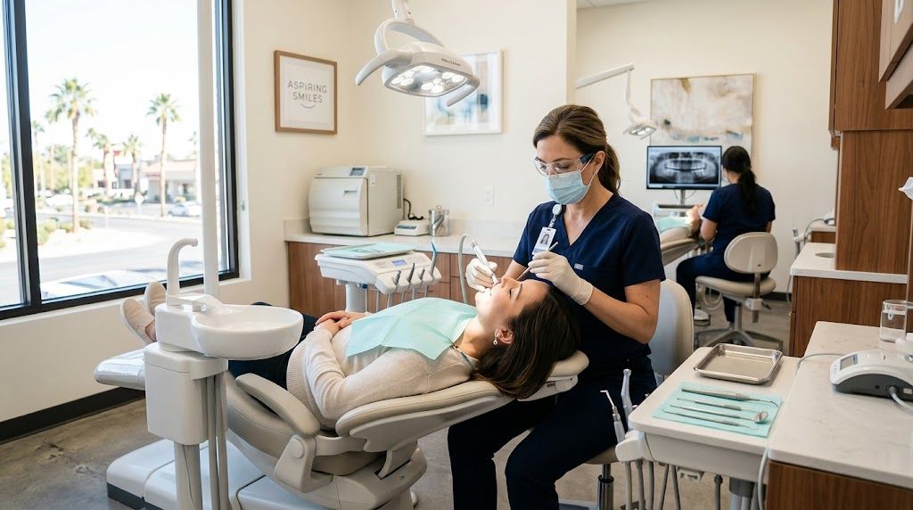A dental hygienist performing a professional teeth whitening or cleaning procedure on a patient in a clinic.