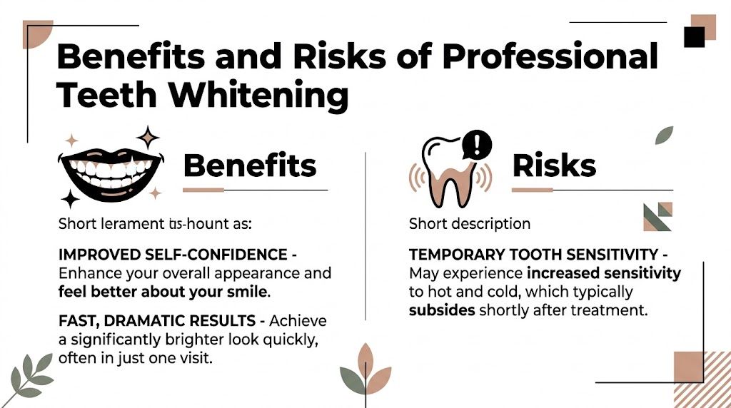 An infographic titled Benefits and Risks of Professional Teeth Whitening comparing the advantages and potential side effects.