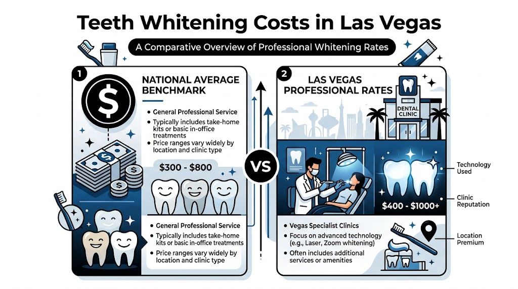 An infographic comparing the national average cost of professional teeth whitening services against prices in Las Vegas.