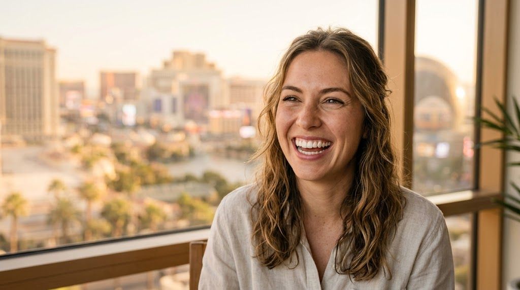 A woman with a bright, healthy smile laughing in front of a window overlooking a cityscape.