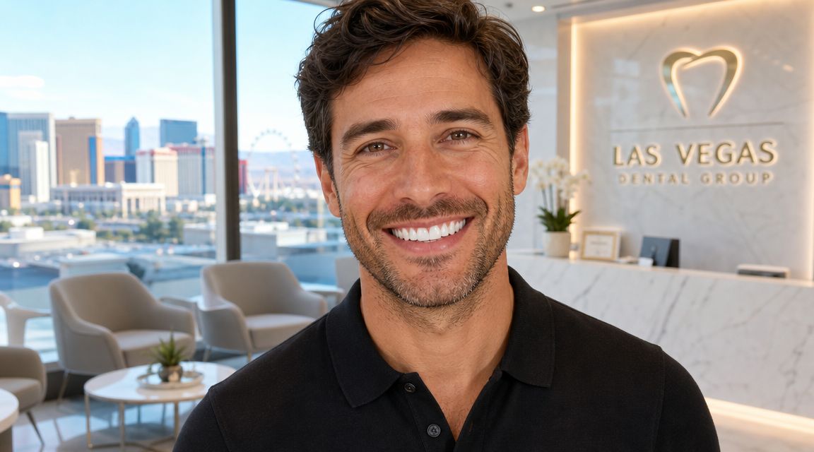A smiling man standing in a modern dental office with the Las Vegas skyline visible in the background.