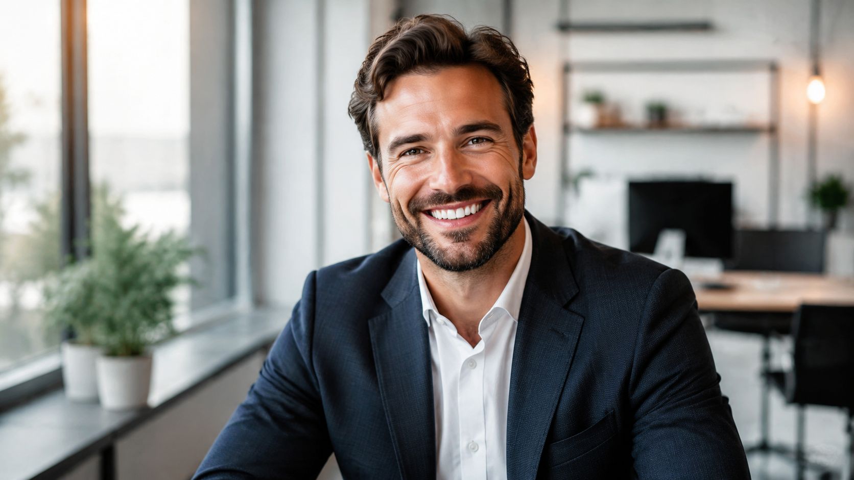 A professional man with a bright, confident smile wearing a business suit in a modern office.