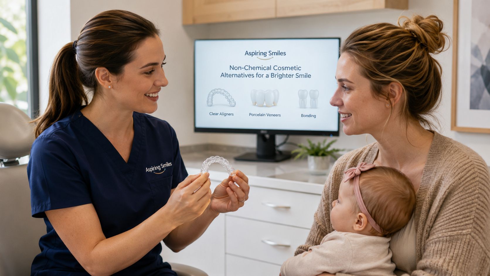 A dentist showing clear aligners to a mother holding her baby in a professional dental office setting.