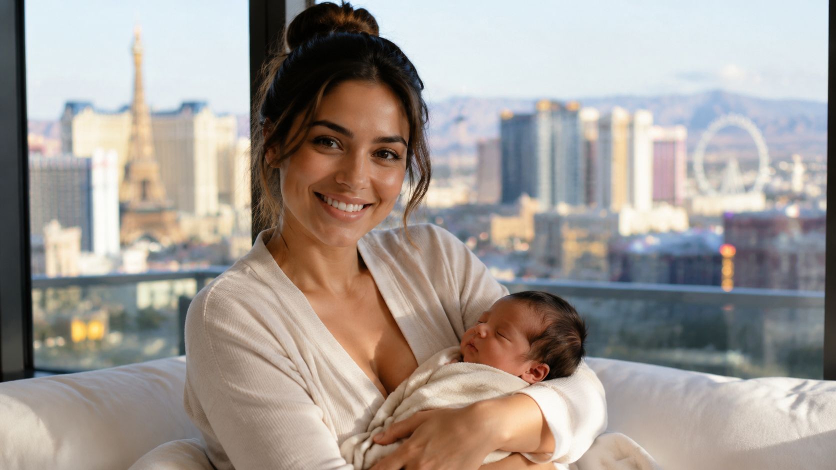 A smiling woman holding her newborn baby in front of a window overlooking the Las Vegas skyline.