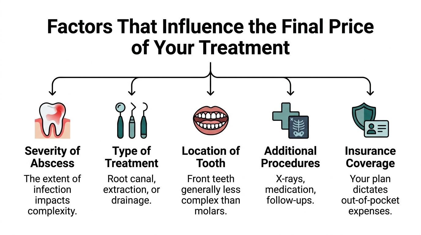 An infographic detailing the various factors that influence the final cost of a tooth abscess dental treatment.