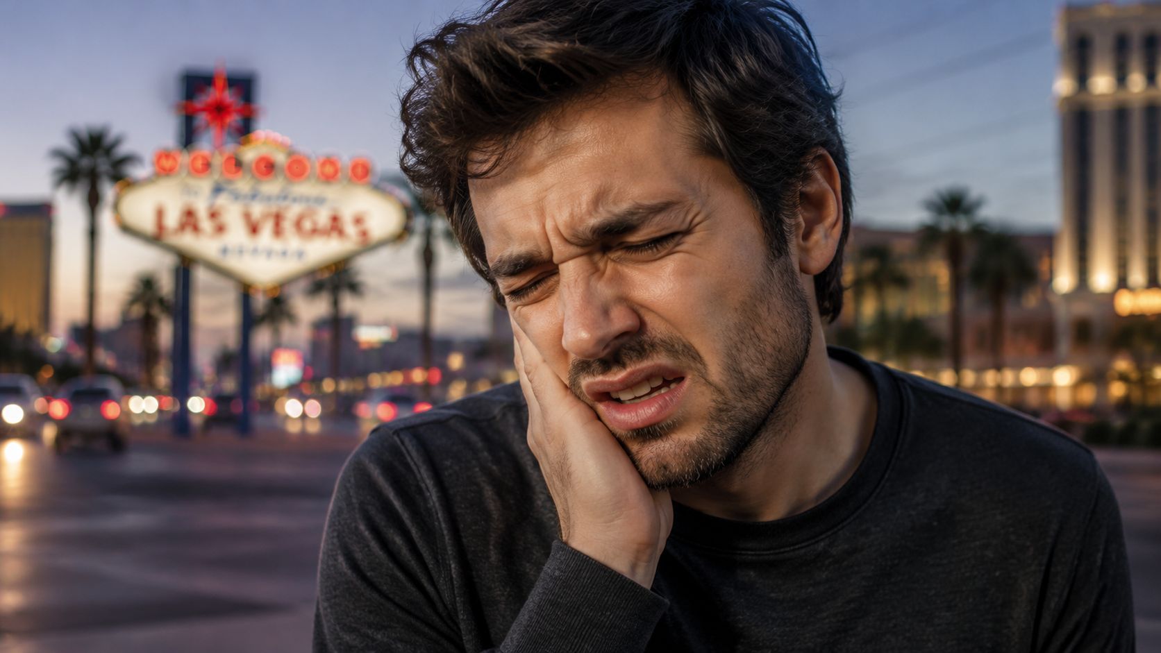 A young man experiencing intense tooth pain while standing in front of the Las Vegas sign.