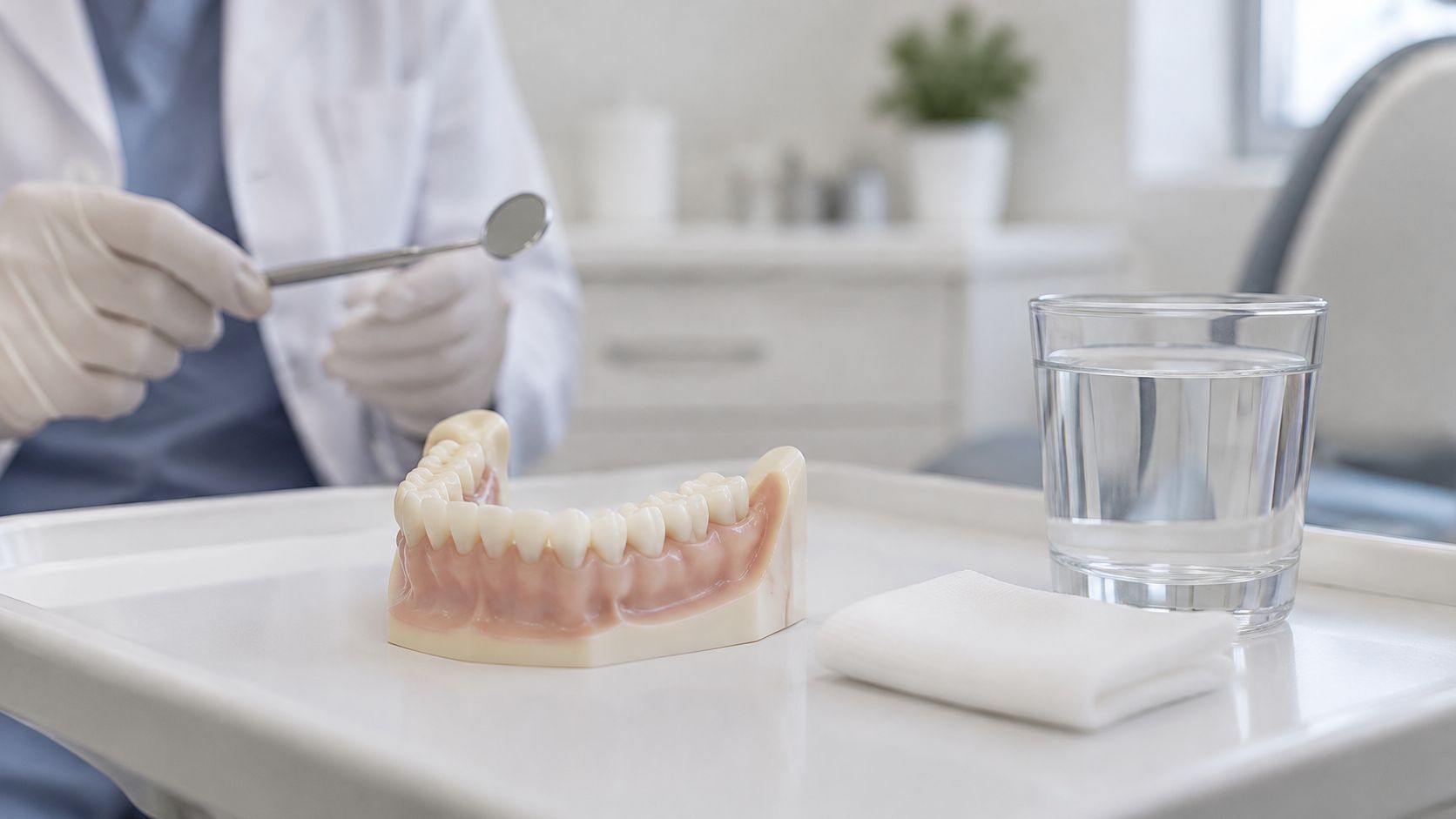 A dentist holds a dental mirror over a plastic jaw model on a sterile dental examination tray.