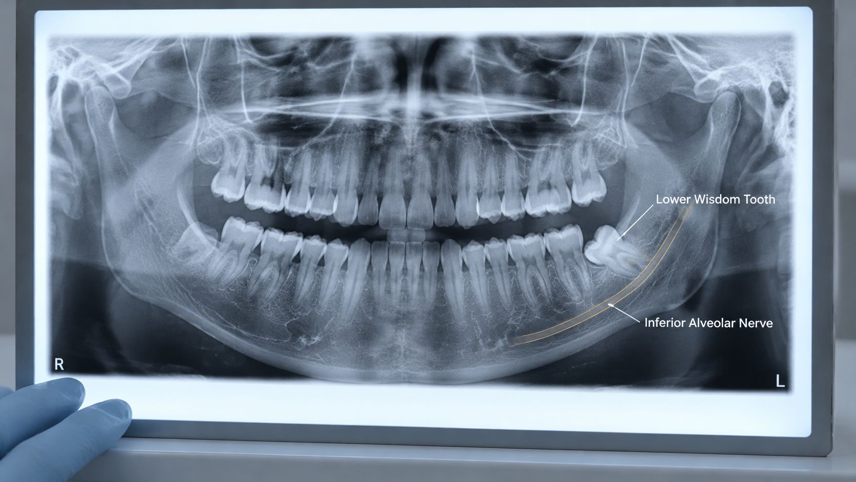 A panoramic dental X-ray showing a lower wisdom tooth positioned near the inferior alveolar nerve pathway.