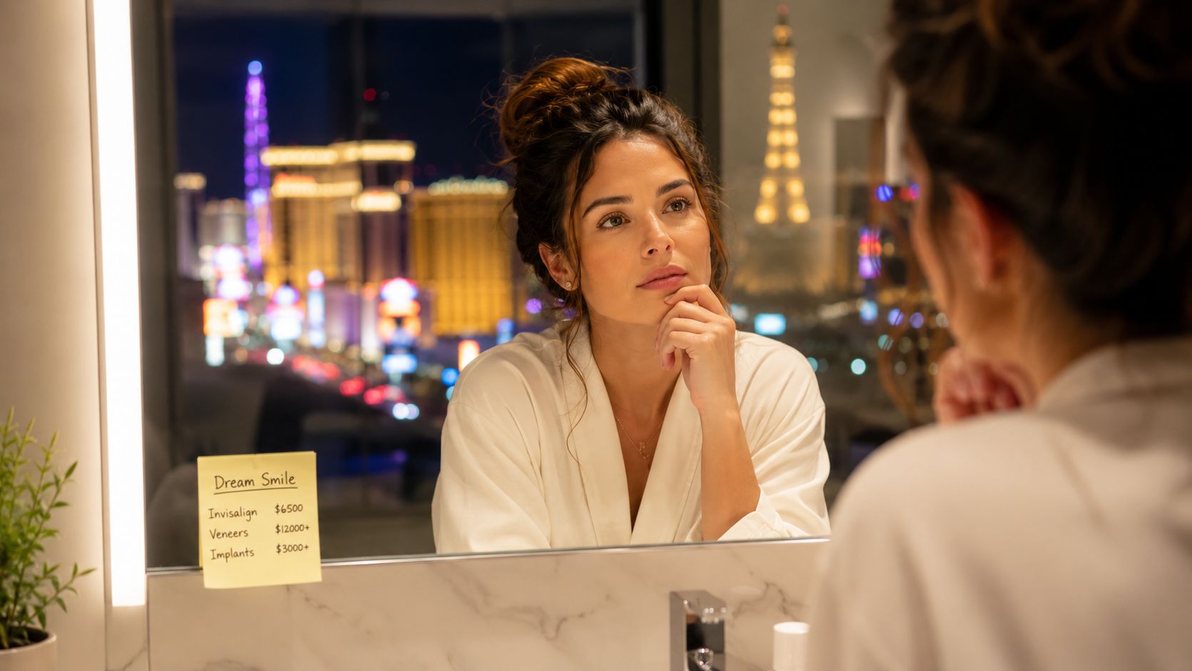 A woman looks at her reflection in a hotel mirror with a note listing dental pricing options.