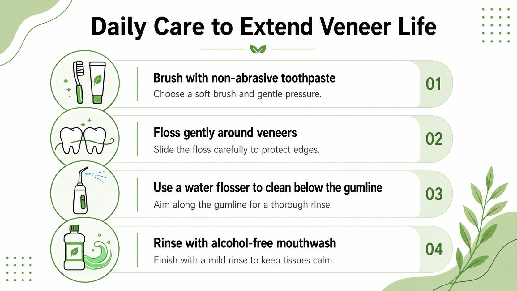 An infographic titled Daily Care to Extend Veneer Life showing four essential dental hygiene tips for veneers.