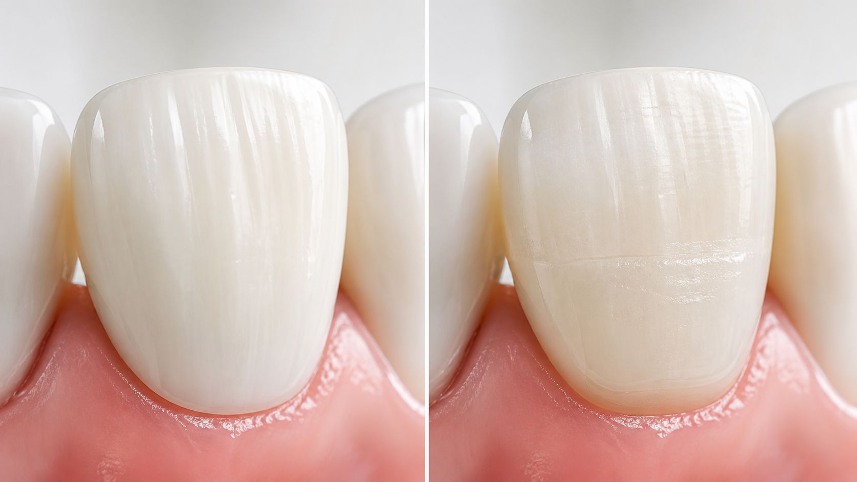 A split-screen comparison showing a natural tooth before and after dental cosmetic bonding treatment.