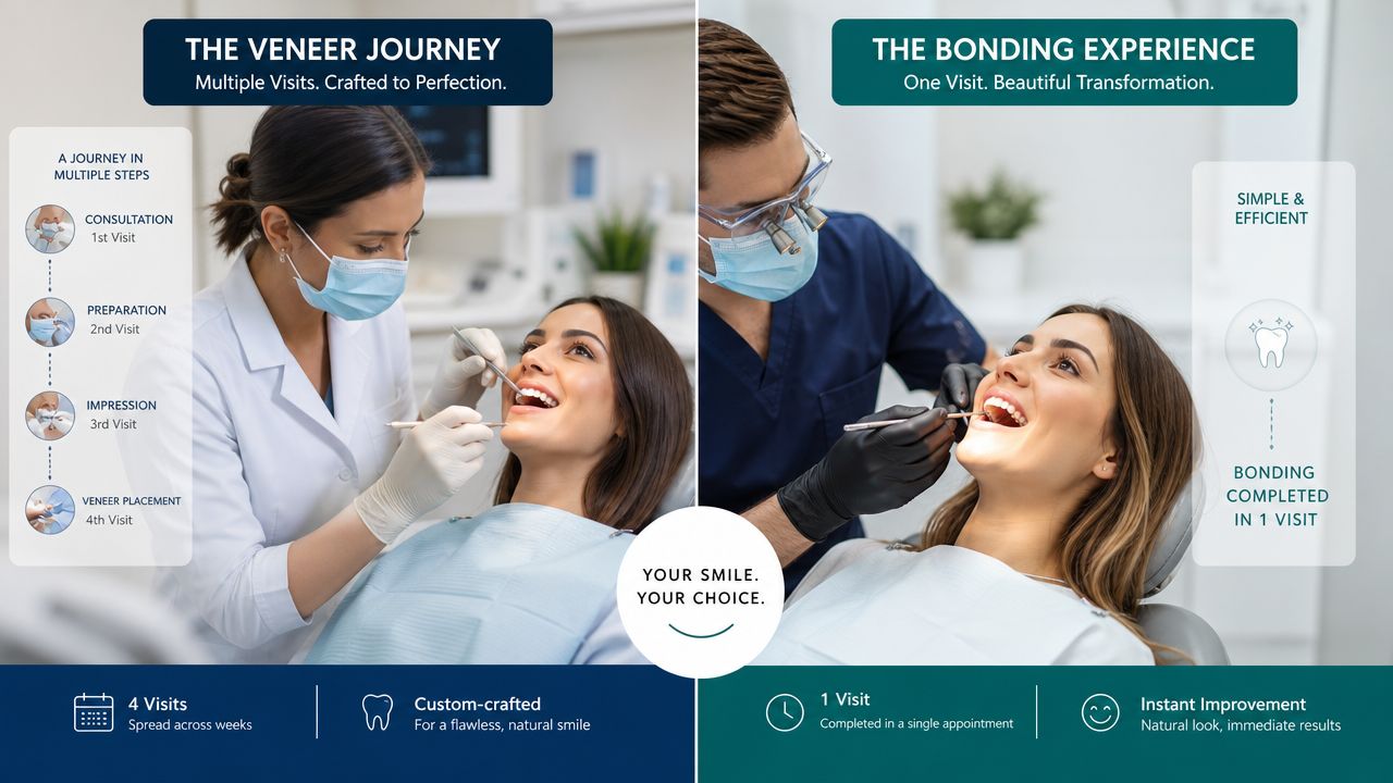 A comparison graphic showing the multi-step process for dental veneers versus the single-visit dental bonding procedure.