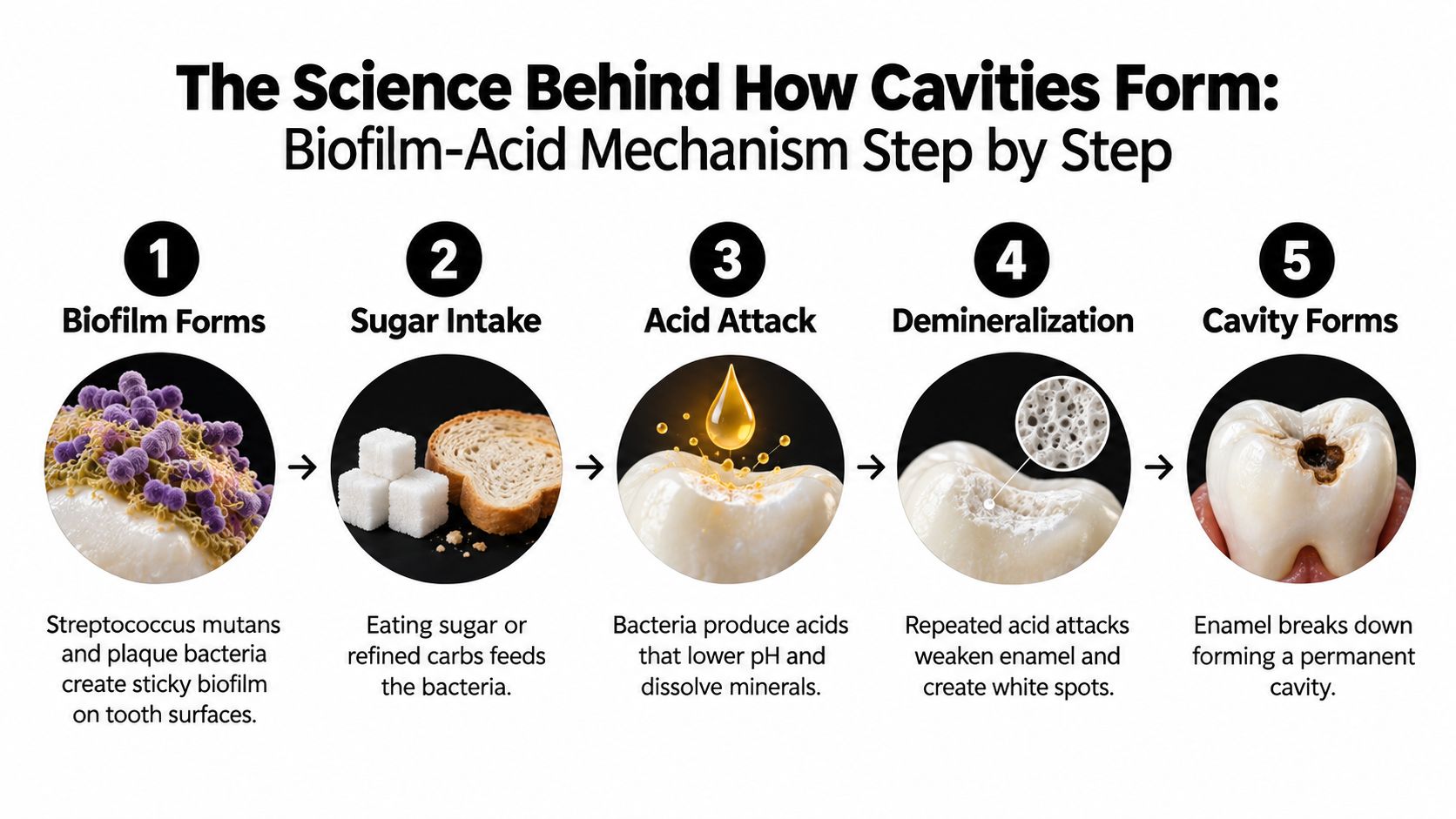 A diagram illustrating the five-step biological process of how plaque bacteria lead to dental cavity formation.
