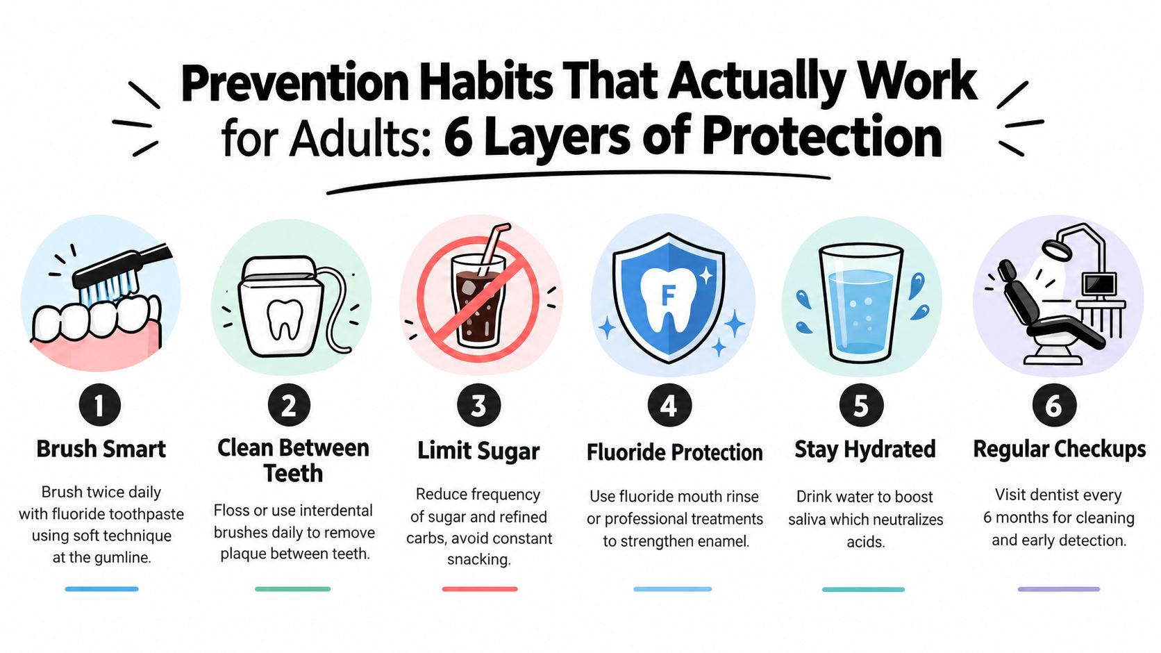 An infographic showing six essential prevention habits for adults to maintain good oral health and prevent cavities.