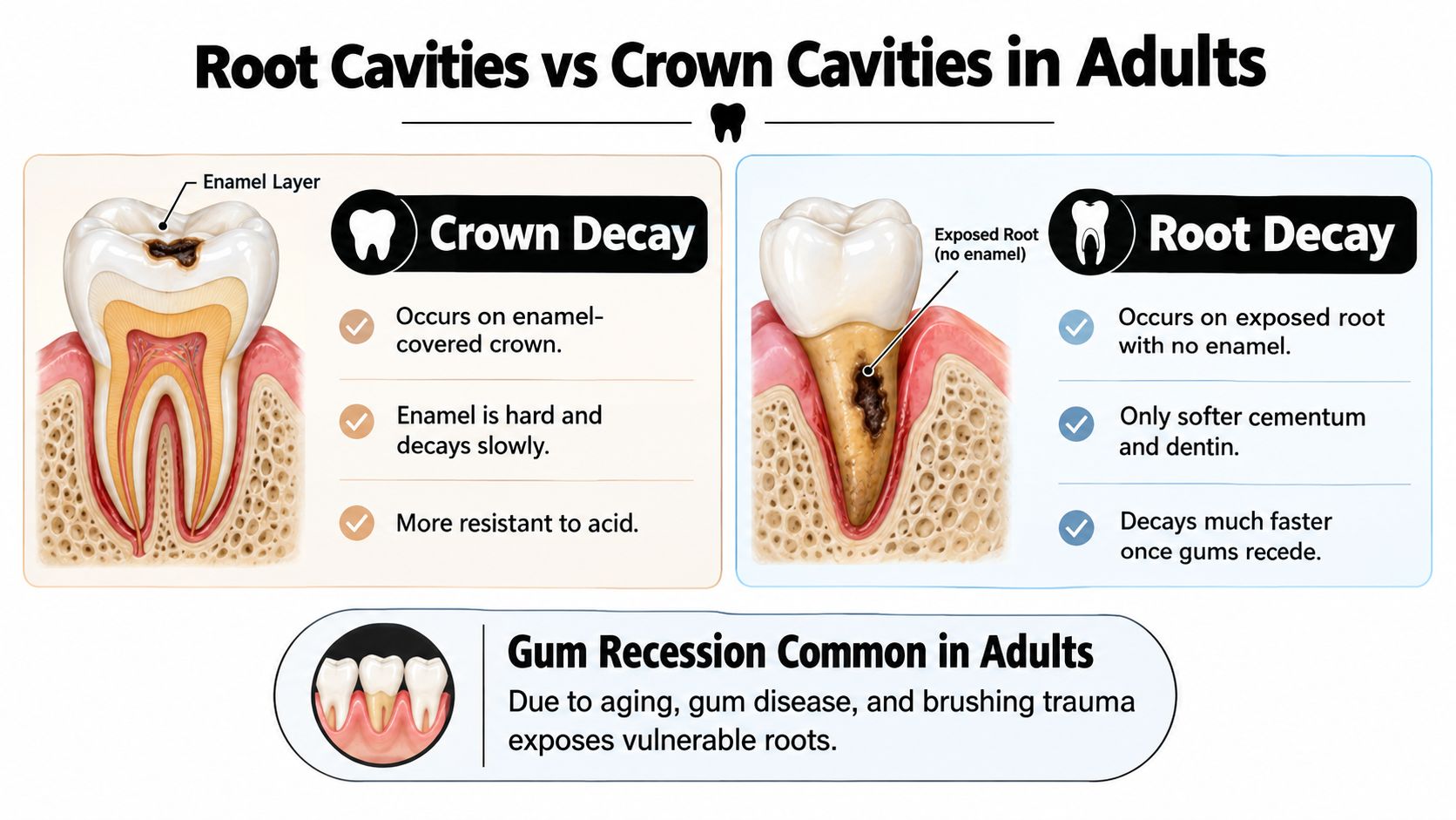 A diagram comparing tooth crown decay and root decay in adults, highlighting causes and characteristics.