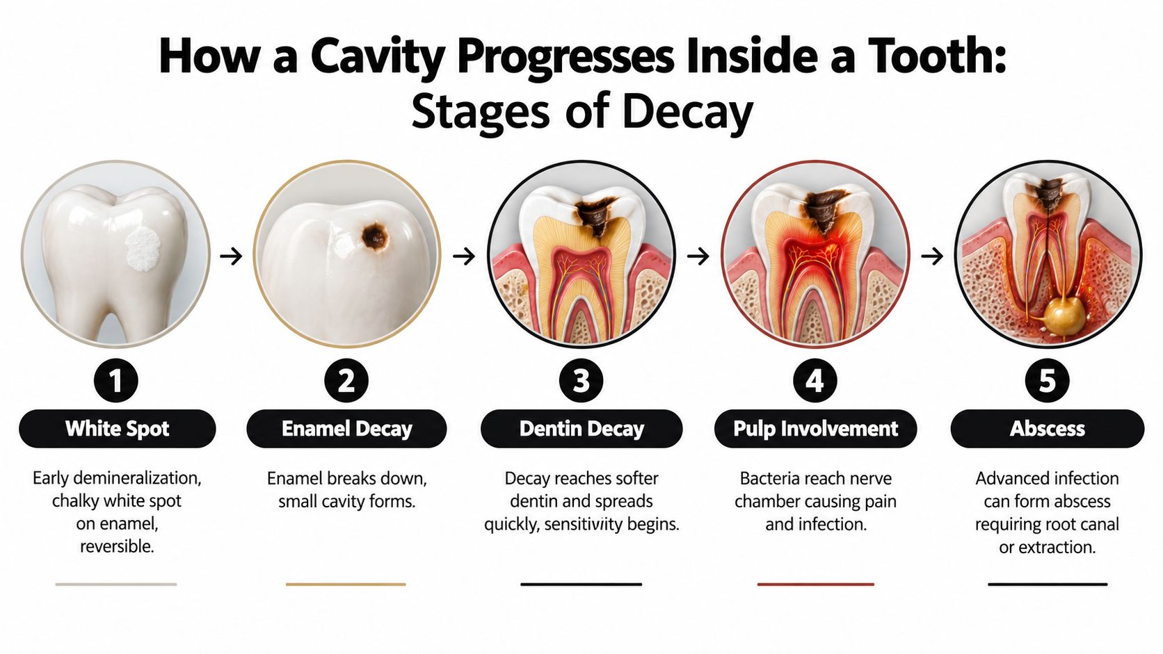 A five-stage diagram illustrating how a tooth cavity progresses from early white spots to an advanced abscess.
