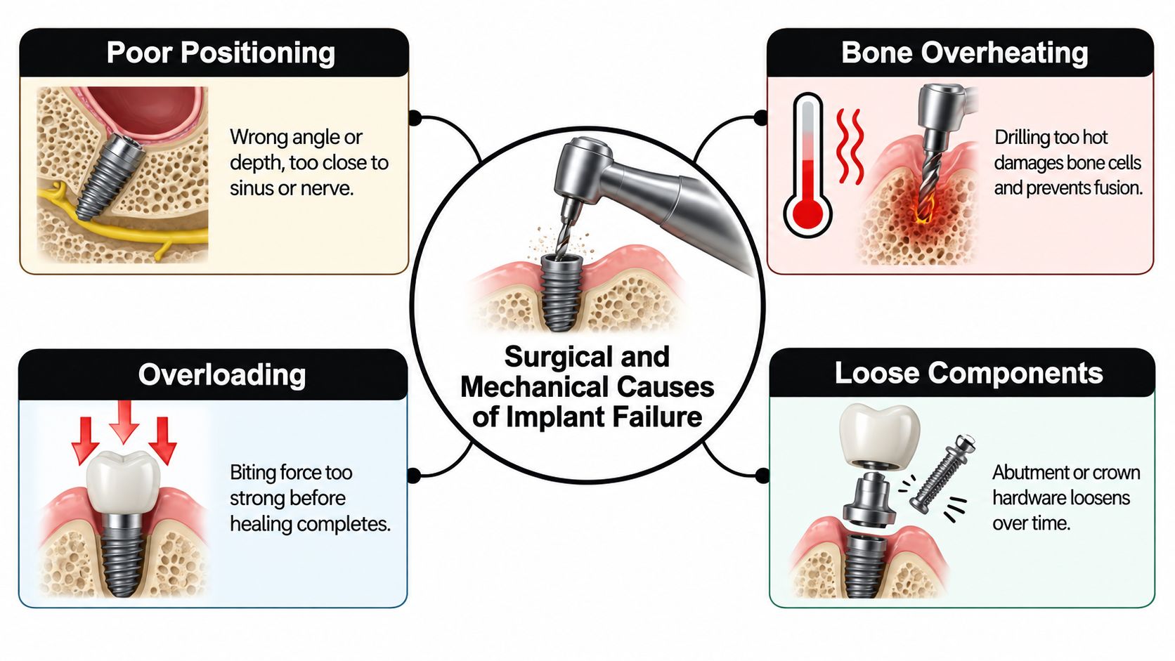 An educational infographic showing the four primary surgical and mechanical causes of dental implant failure in patients.