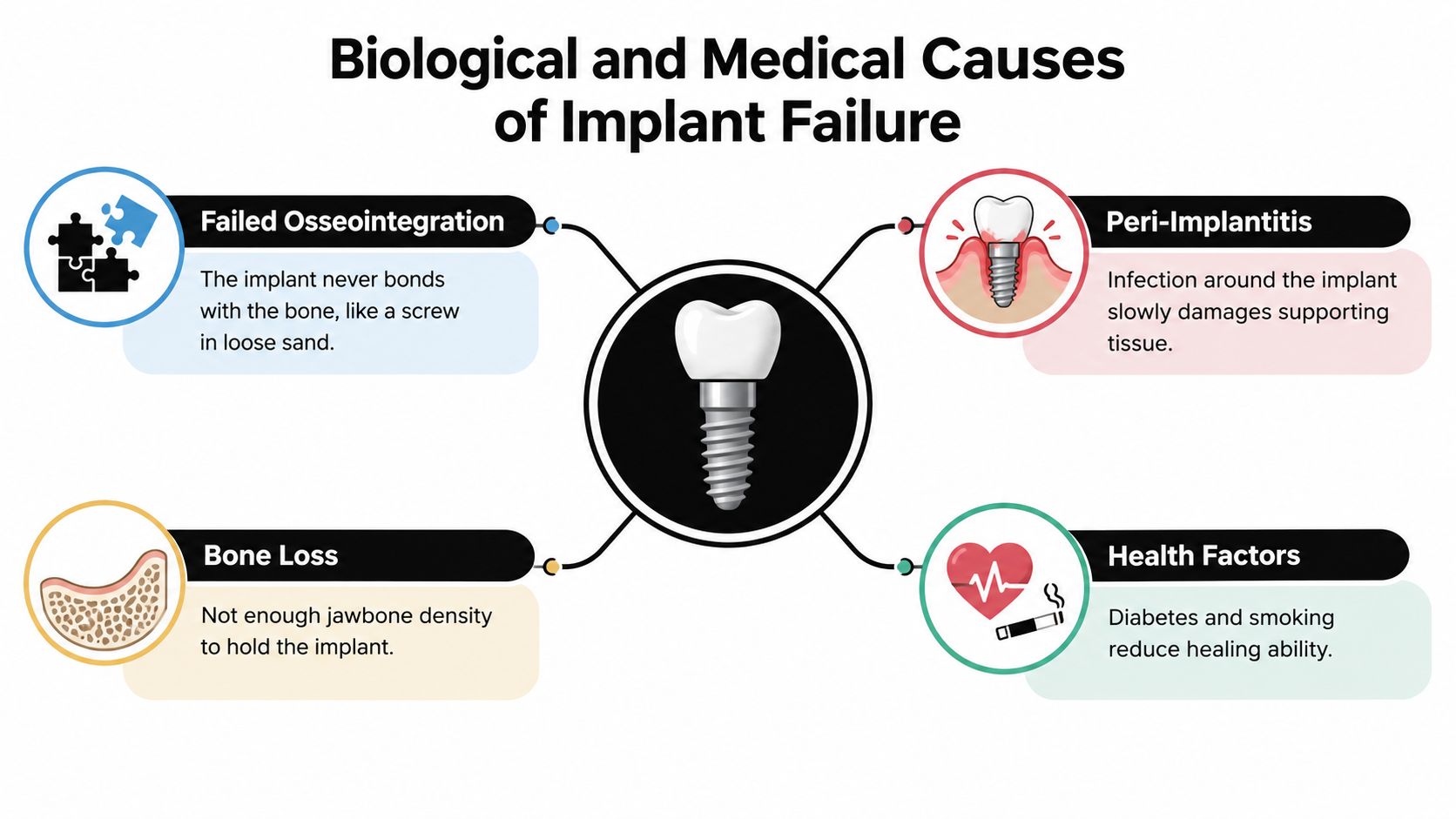 A diagram illustrating the four primary biological and medical causes of dental implant failure in the jaw.