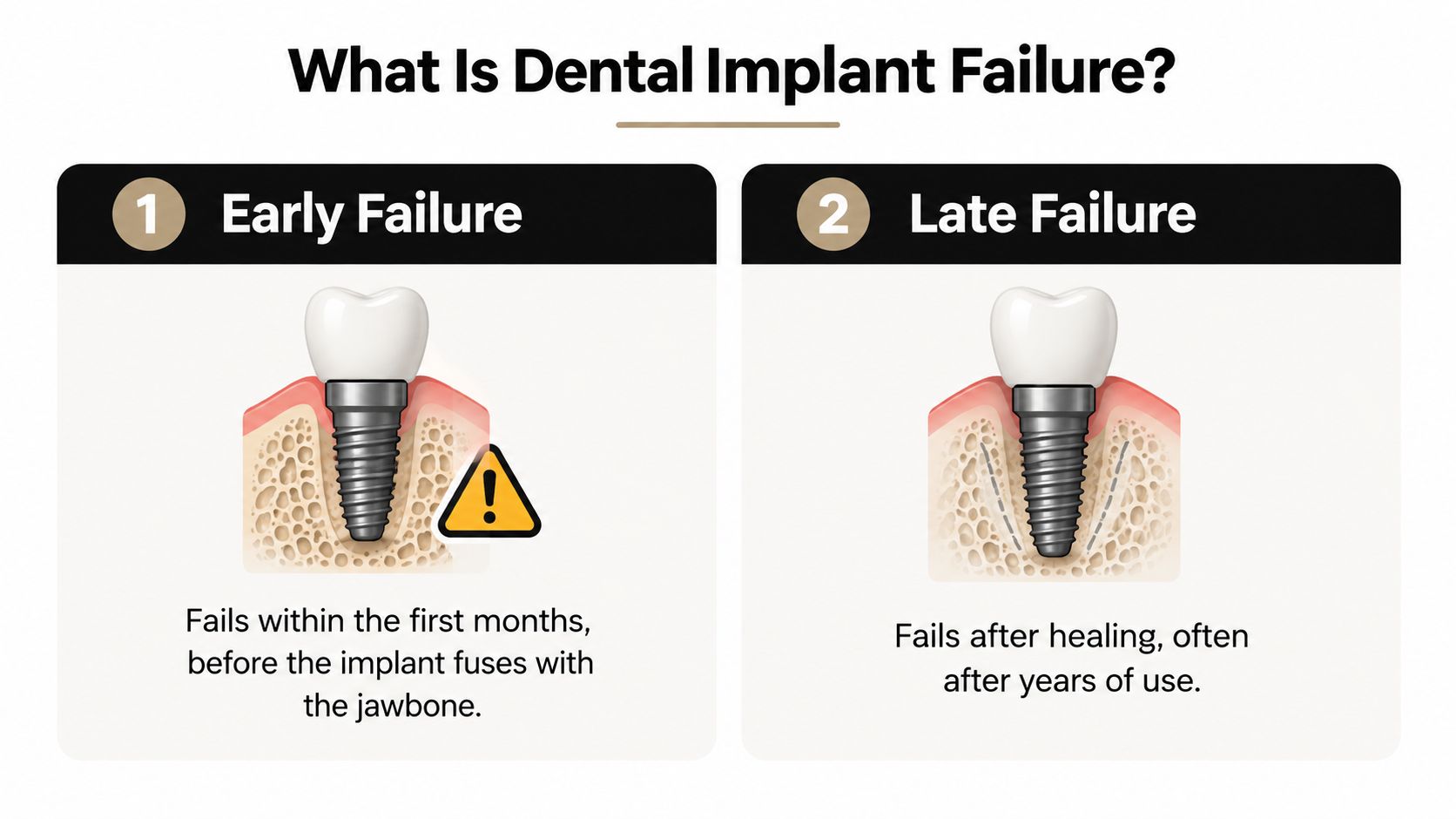 An infographic illustrating the two main types of dental implant failure: early failure and late failure.