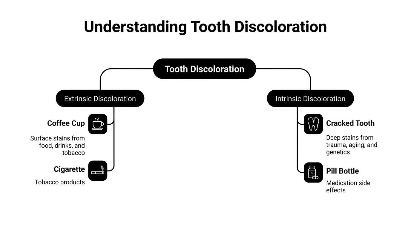 A diagram illustrating the causes of tooth discoloration, divided into extrinsic and intrinsic categories with icons.