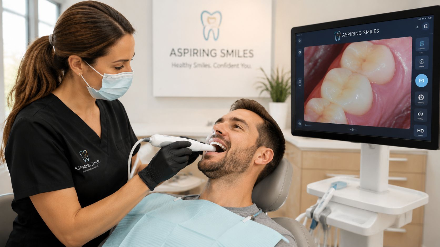 A dentist wearing a mask and gloves uses an intraoral scanner on a patient's teeth.