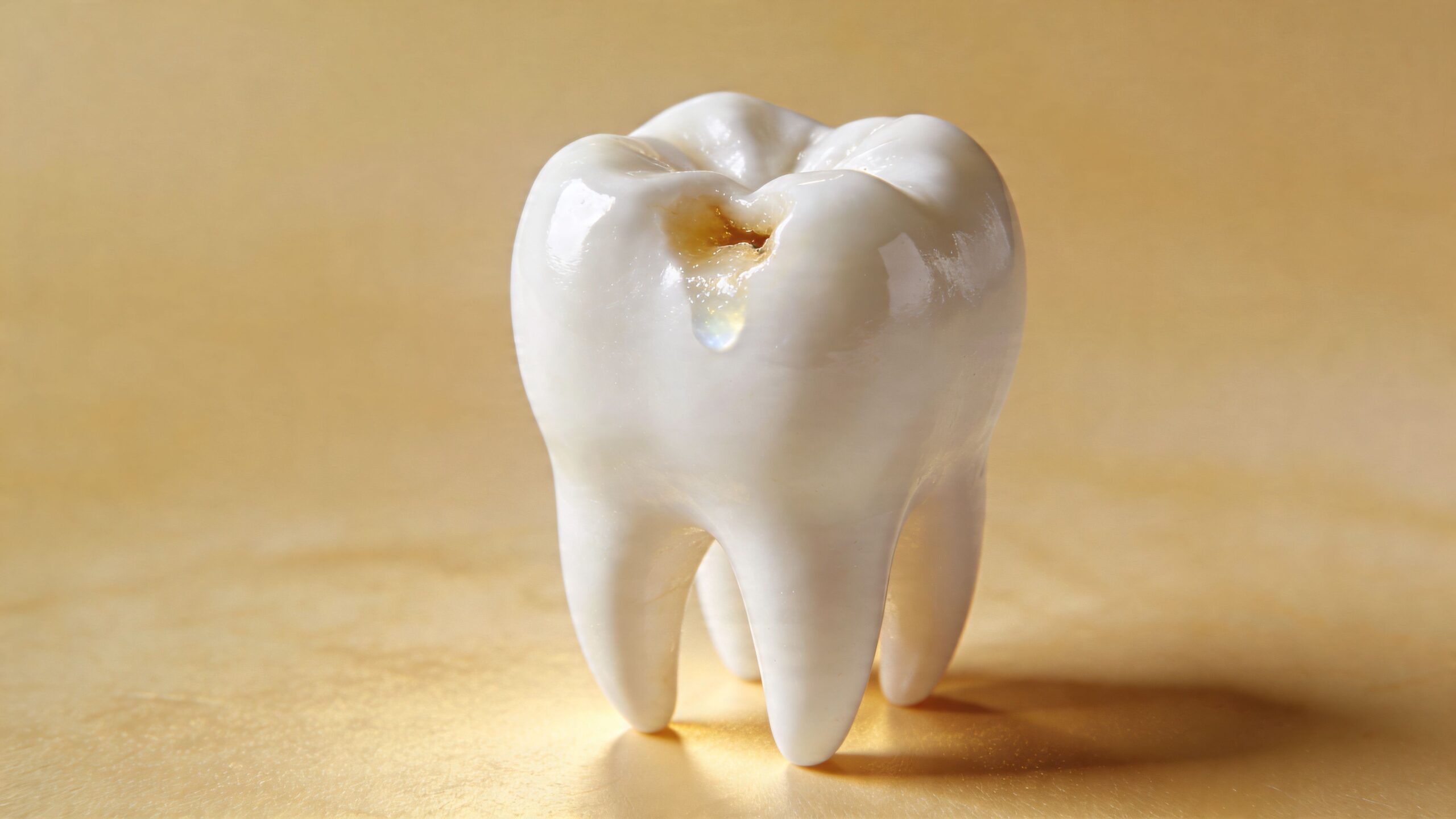 A close-up view of a model molar tooth with a noticeable brown cavity on a gold background.