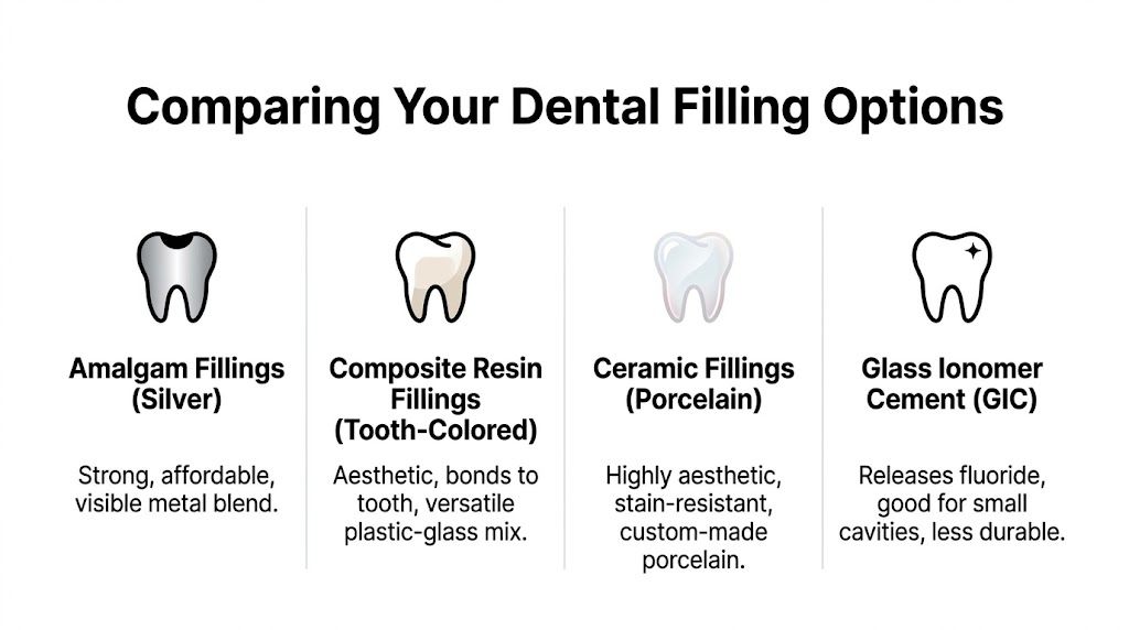 A comparison chart outlining four common types of dental fillings including amalgam, composite resin, ceramic, and glass ionomer.