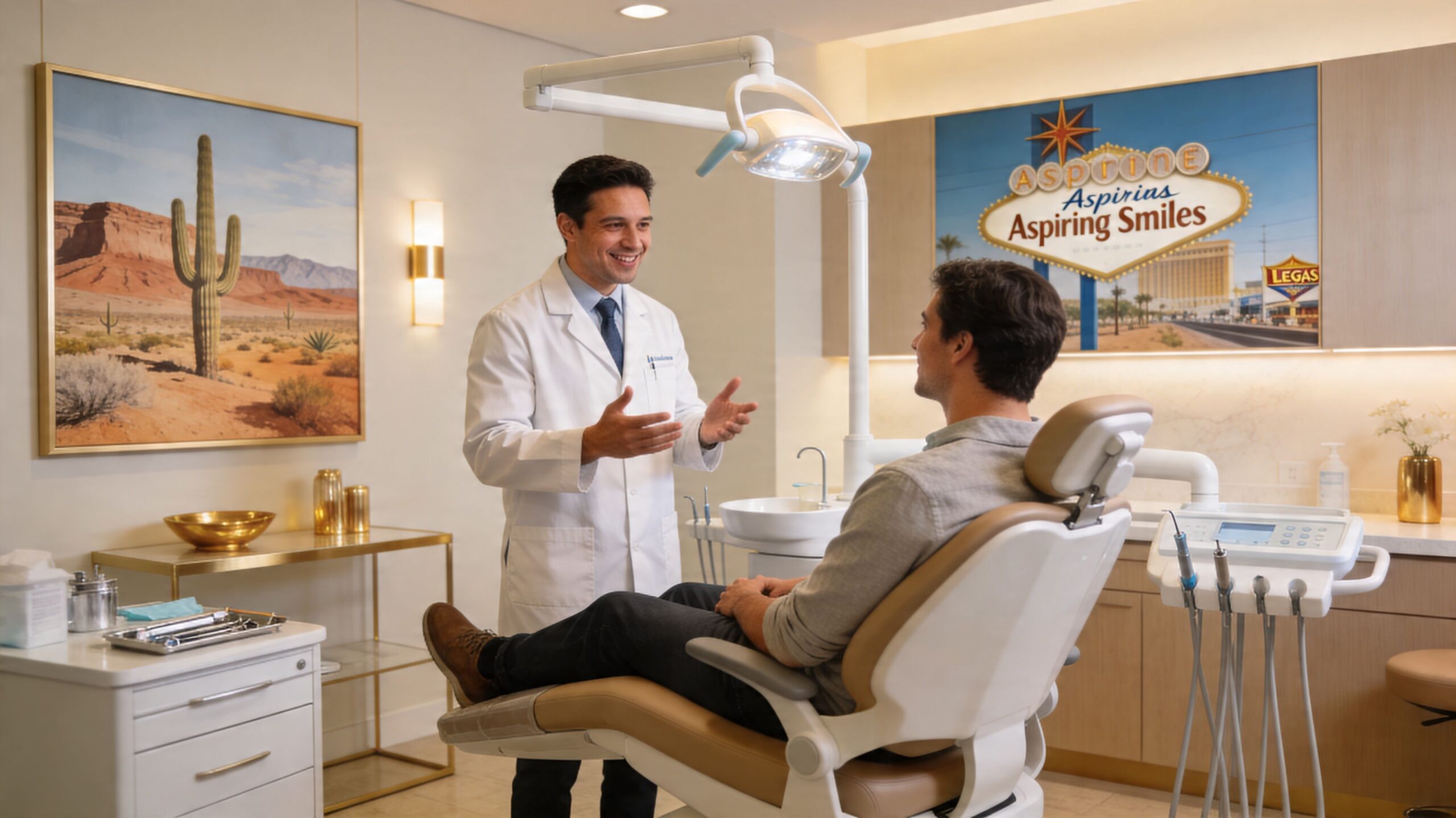 A friendly dentist explaining treatment options to a patient sitting in a dental chair in a modern clinic.