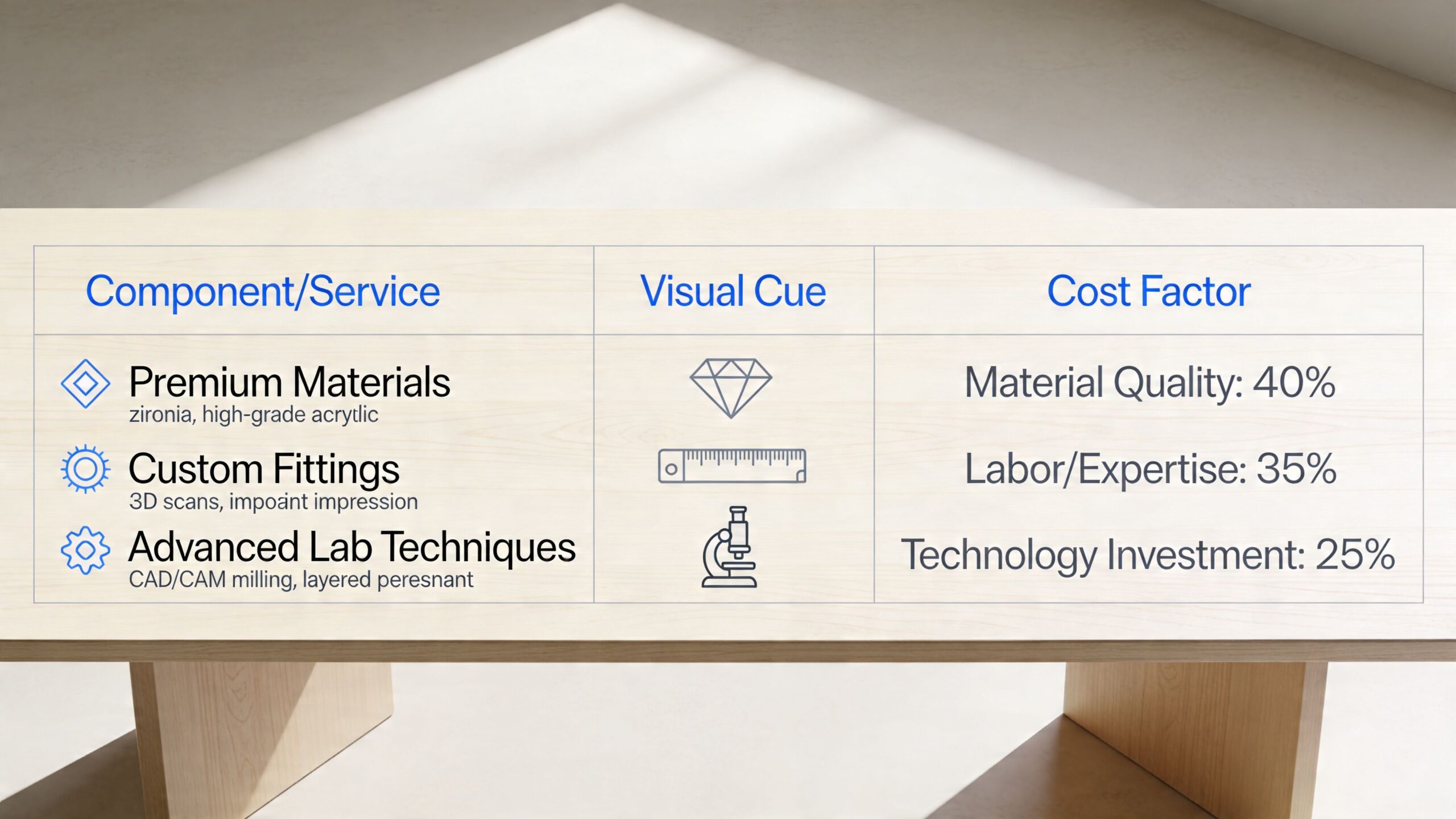 A chart detailing the cost factors for dental components and services including materials, labor, and technology investment.