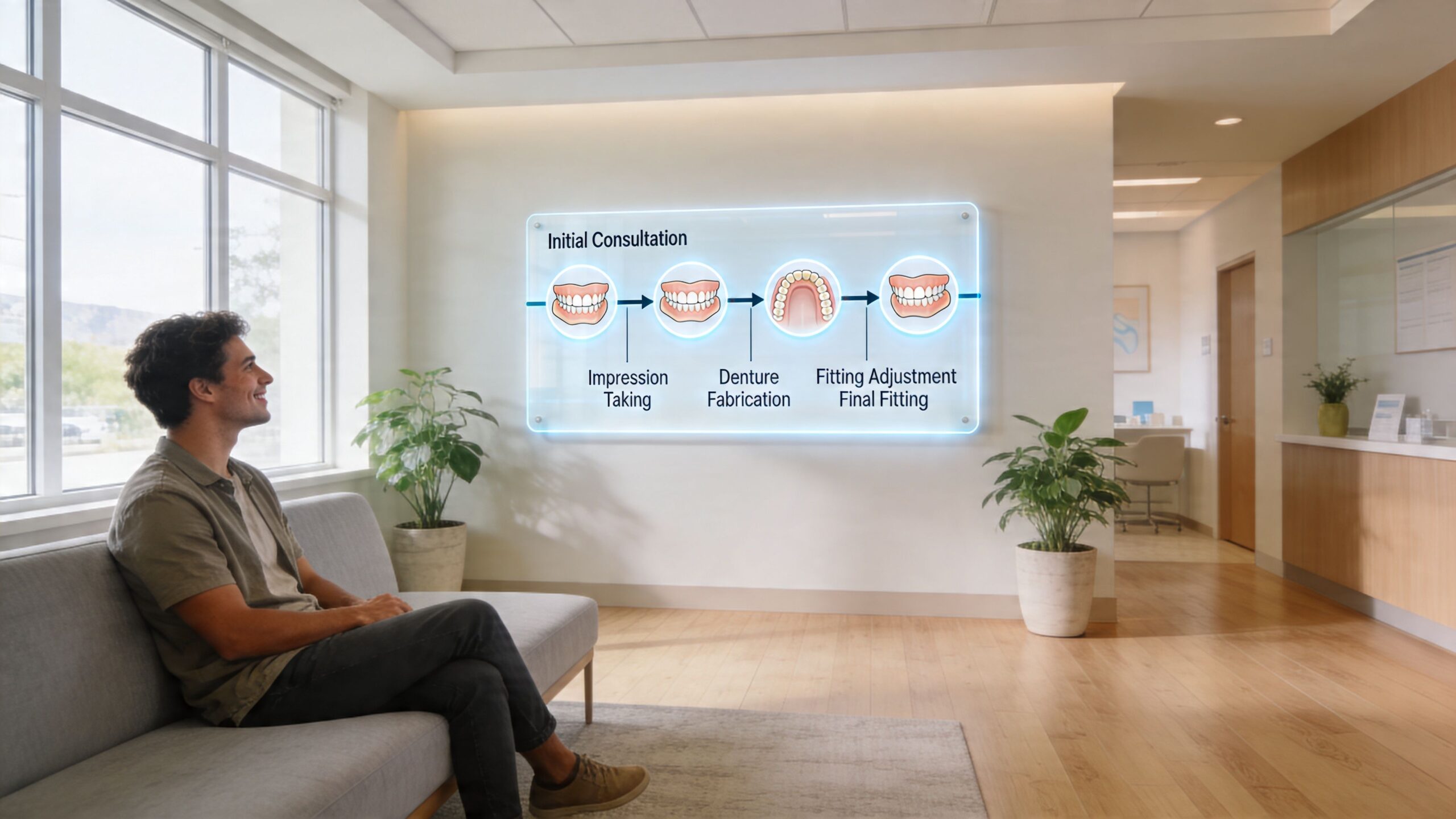 A man sitting in a dental office looking at a digital display showing the denture procedure process.