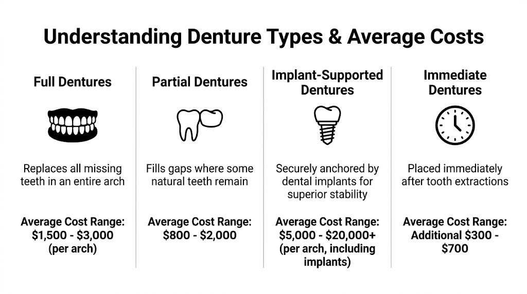 A chart comparing four common types of dentures, including their descriptions and average cost ranges.